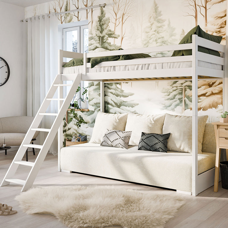 Lit mezzanine 90x200 sommier et canapé inclus Orlane Blanc et blanc cassé