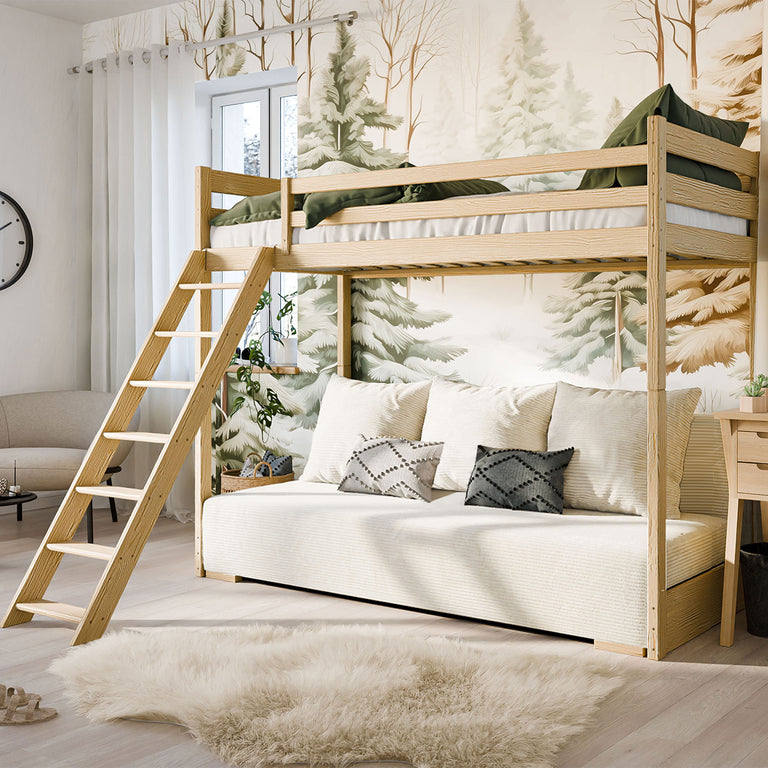 Lit mezzanine 90x200 sommier et canapé inclus Orlane Bois et blanc cassé
