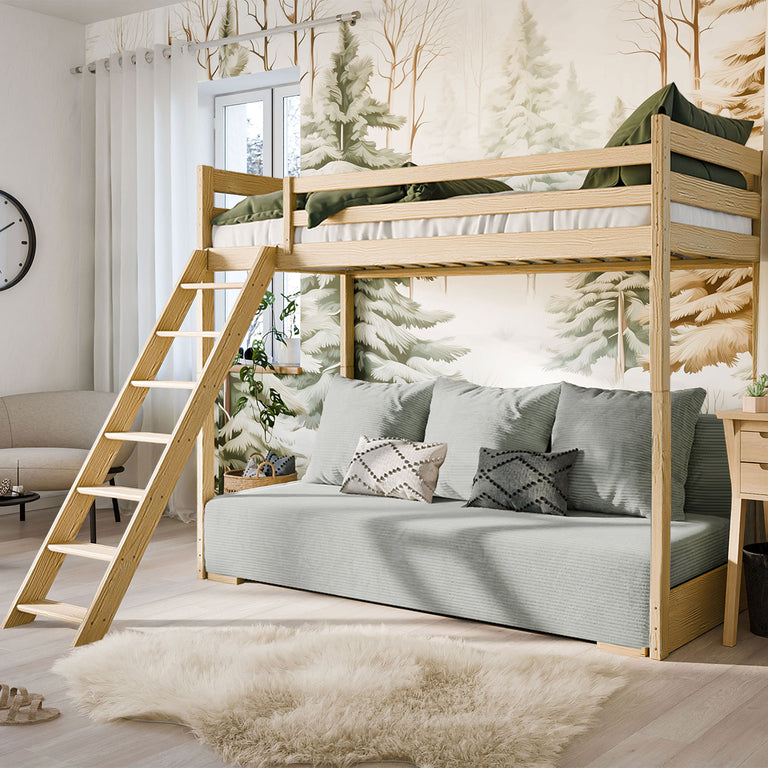 Lit mezzanine 90x200 sommier et canapé inclus Orlane Bois et gris