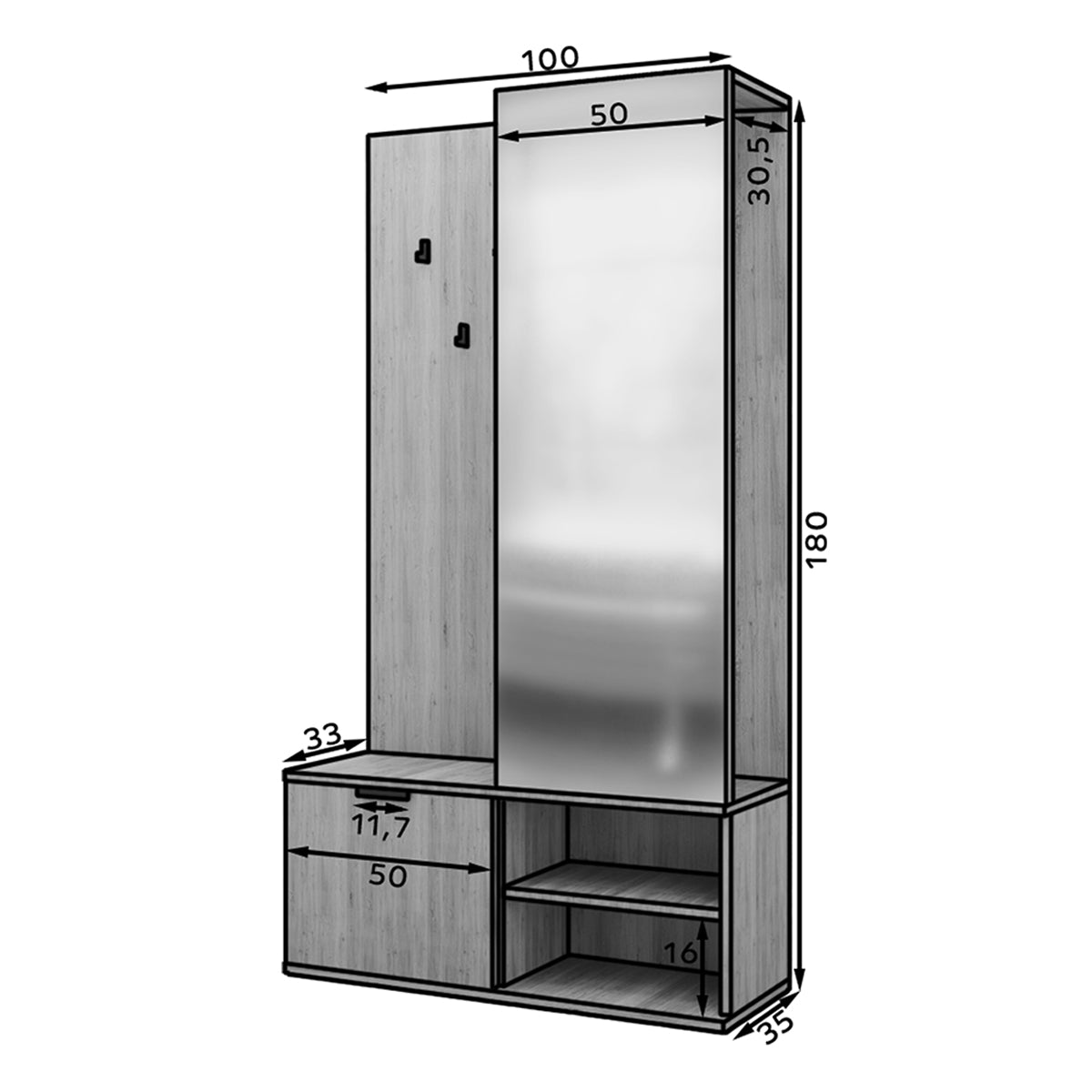 Meuble d'entrée 1 porte Ondine Bois - vue 9