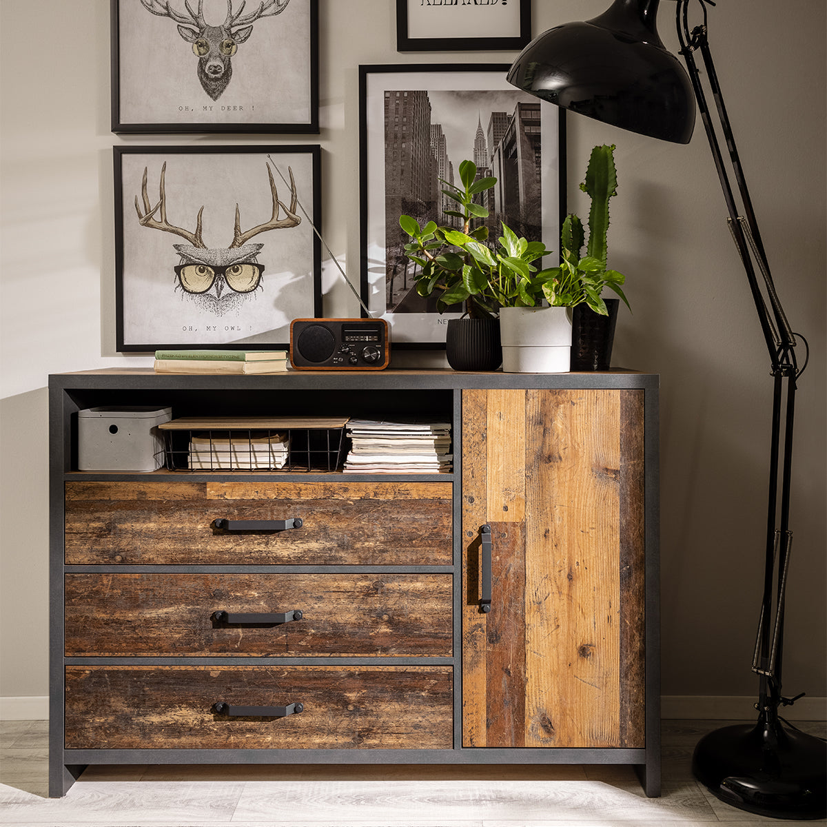 Buffet 1 porte 3 tiroirs Paul Bois et Gris anthracite - vue 4