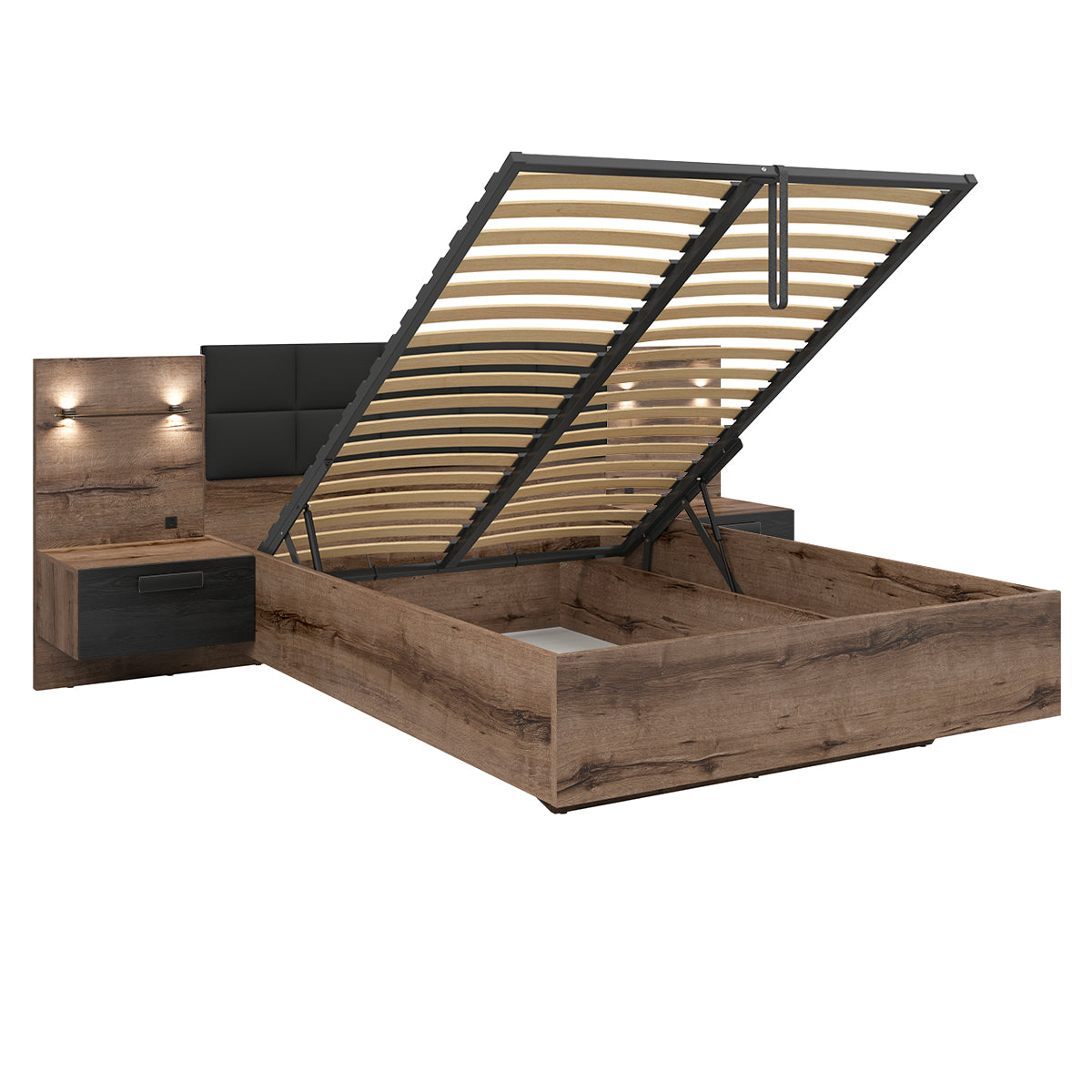 Lit coffre 140x200 sommier chevet LED et prise USB inclus Romane Bois