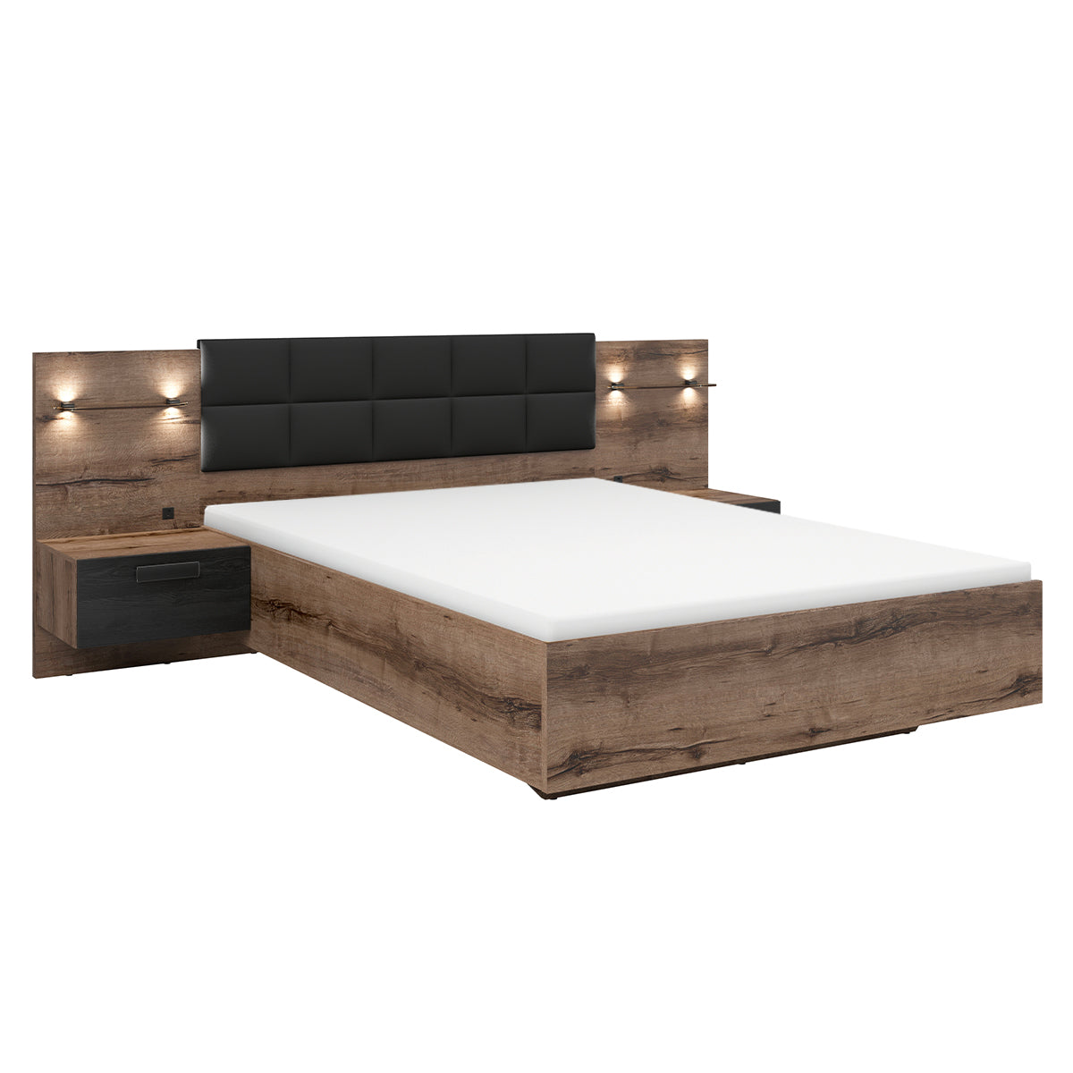 Lit coffre 140x200 sommier chevet LED et prise USB inclus Romane Bois - vue 2