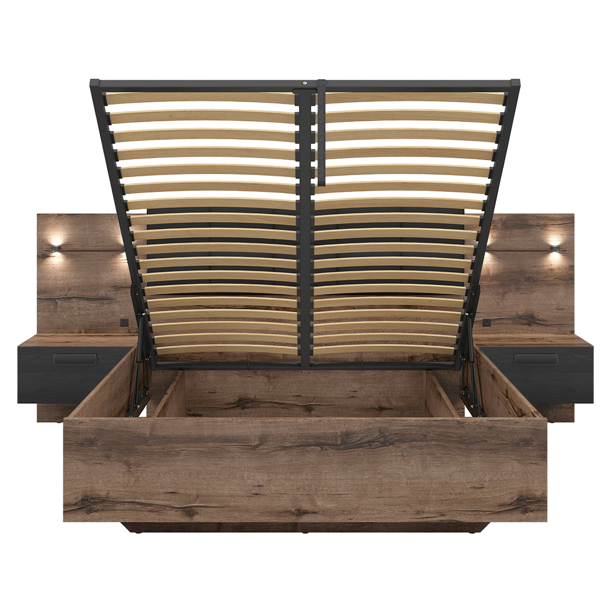 Lit coffre 140x200 sommier chevet LED et prise USB inclus Romane Bois - vue 3