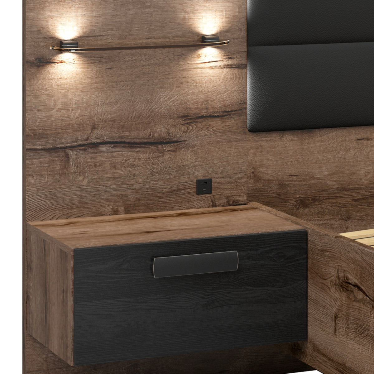 Lit coffre 140x200 sommier chevet LED et prise USB inclus Romane Bois - vue 4