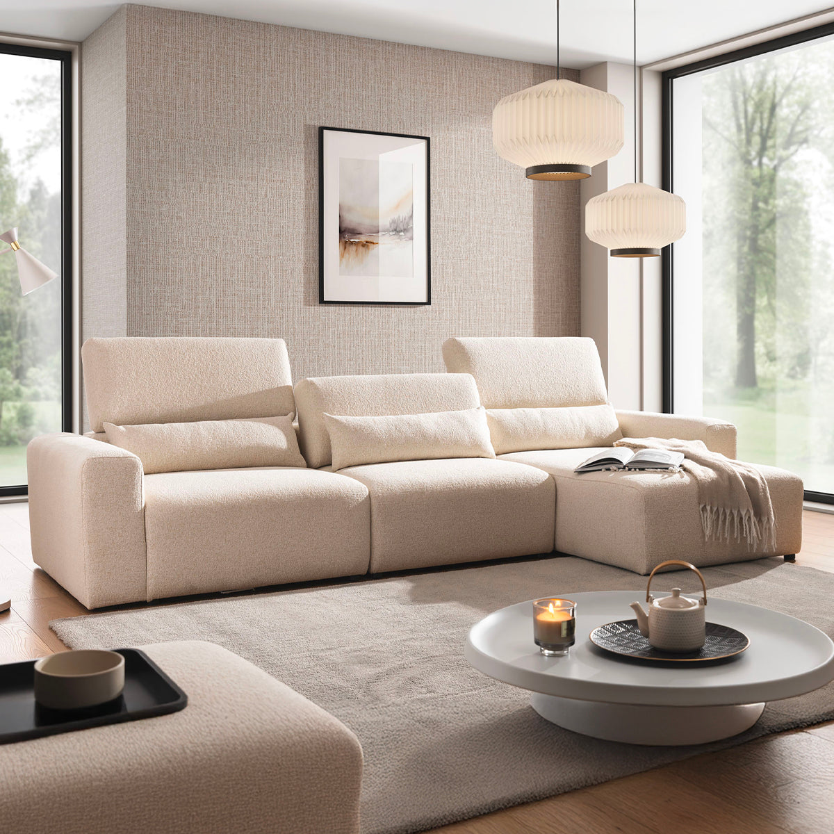 Canapé d'angle droit 3 places modulable têtières relevables Velano Beige - vue 2