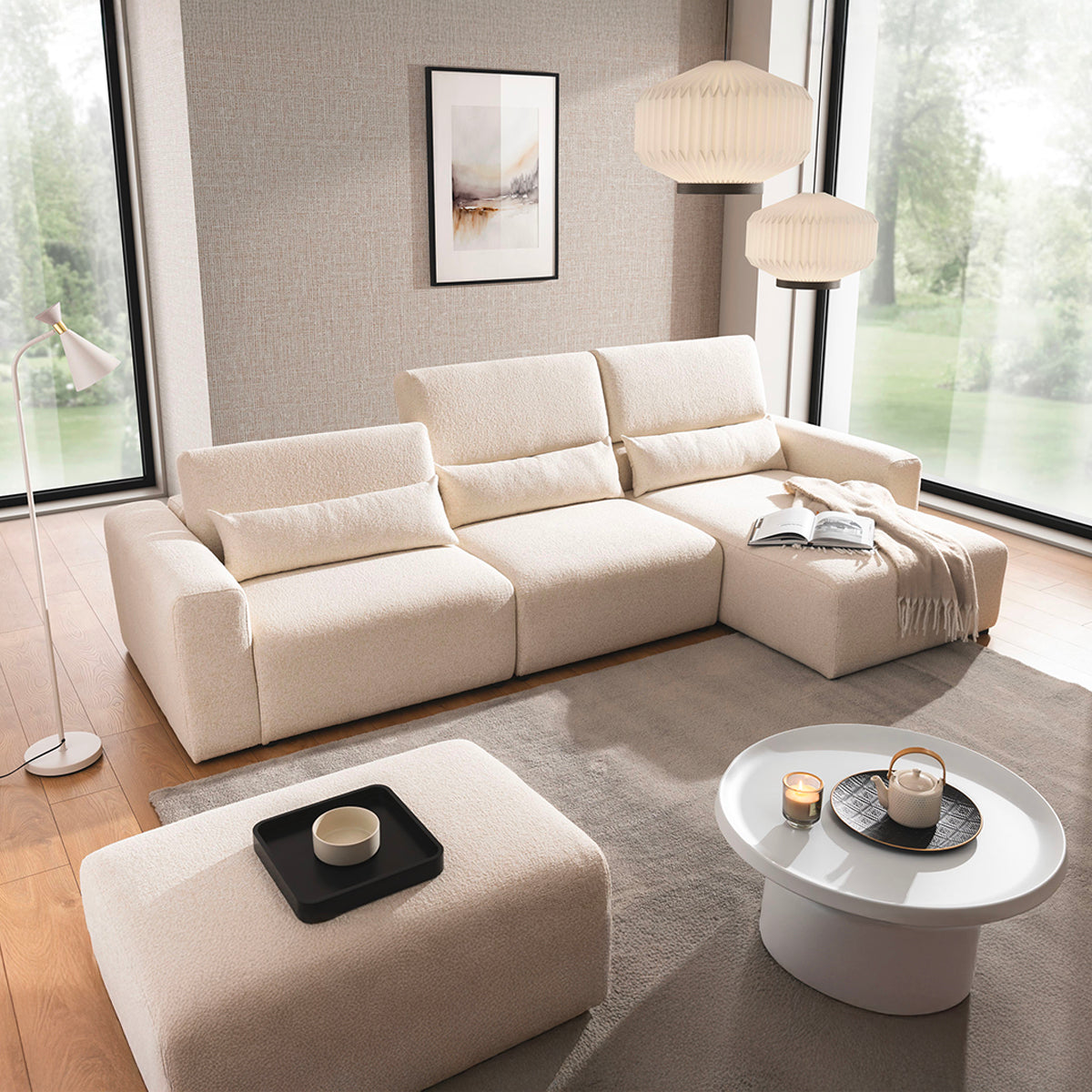 Canapé d'angle droit 3 places modulable têtières relevables Velano Beige - vue 6