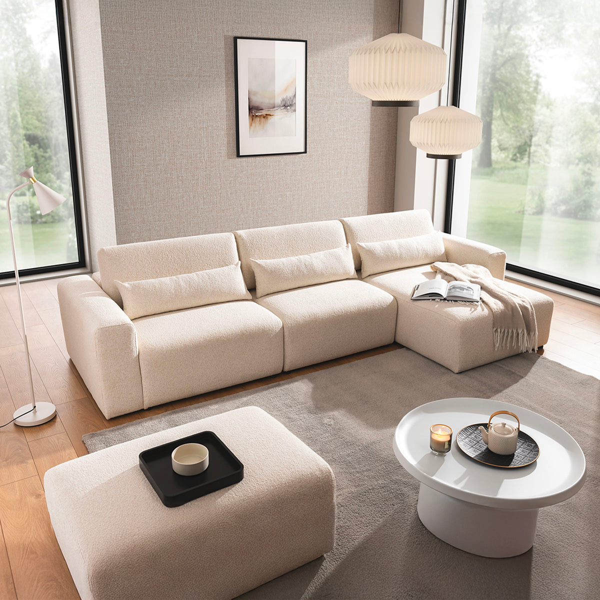 Canapé d'angle droit 3 places modulable têtières relevables Velano Beige - vue 7