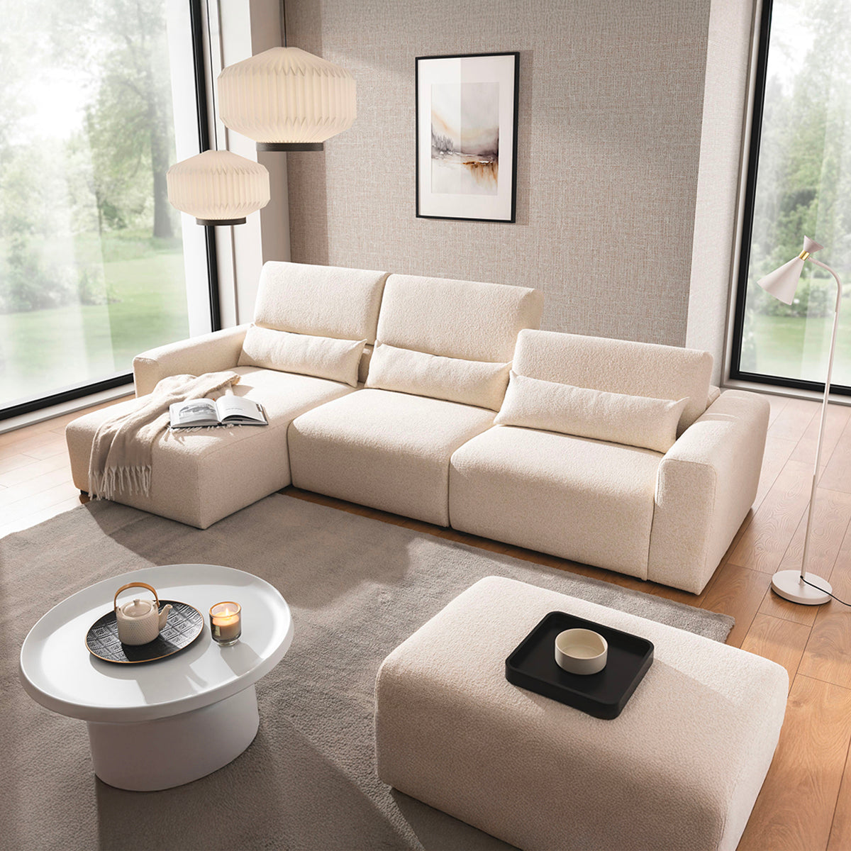 Canapé d'angle gauche 3 places modulable têtières relevables Velano Beige - vue 6