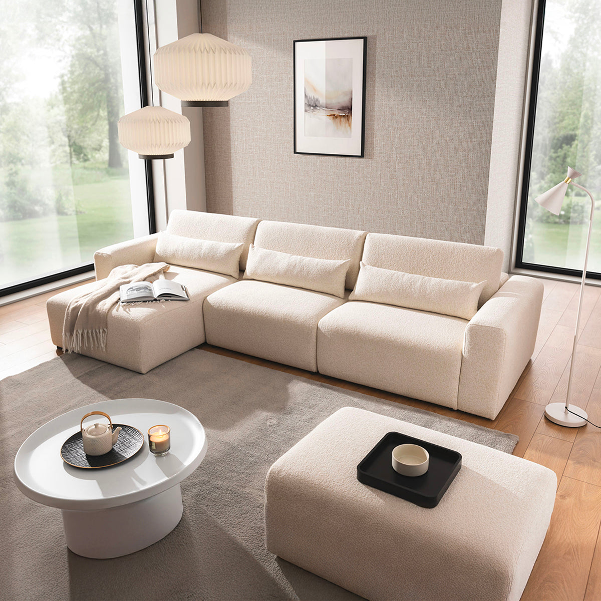 Canapé d'angle gauche 3 places modulable têtières relevables Velano Beige - vue 7