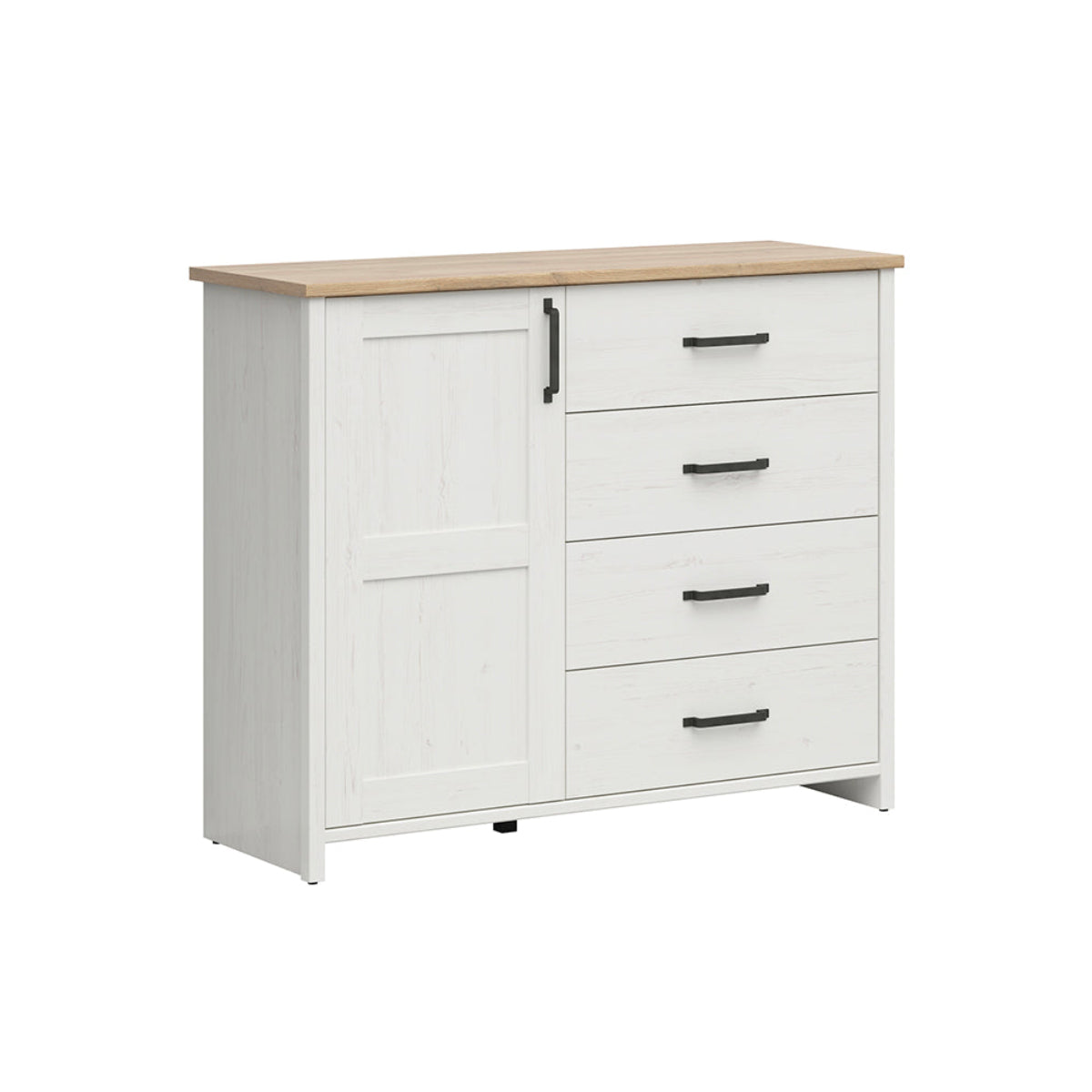 Buffet 1 porte 4 tiroirs Aksel Blanc et Bois