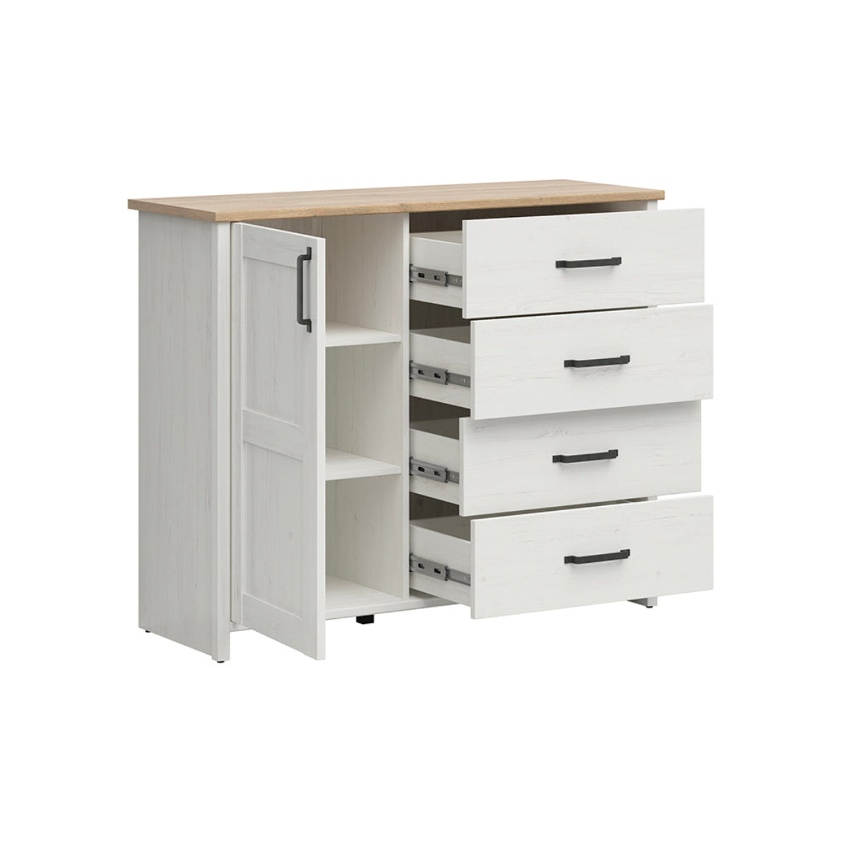 Buffet 1 porte 4 tiroirs Aksel Blanc et Bois - vue 3