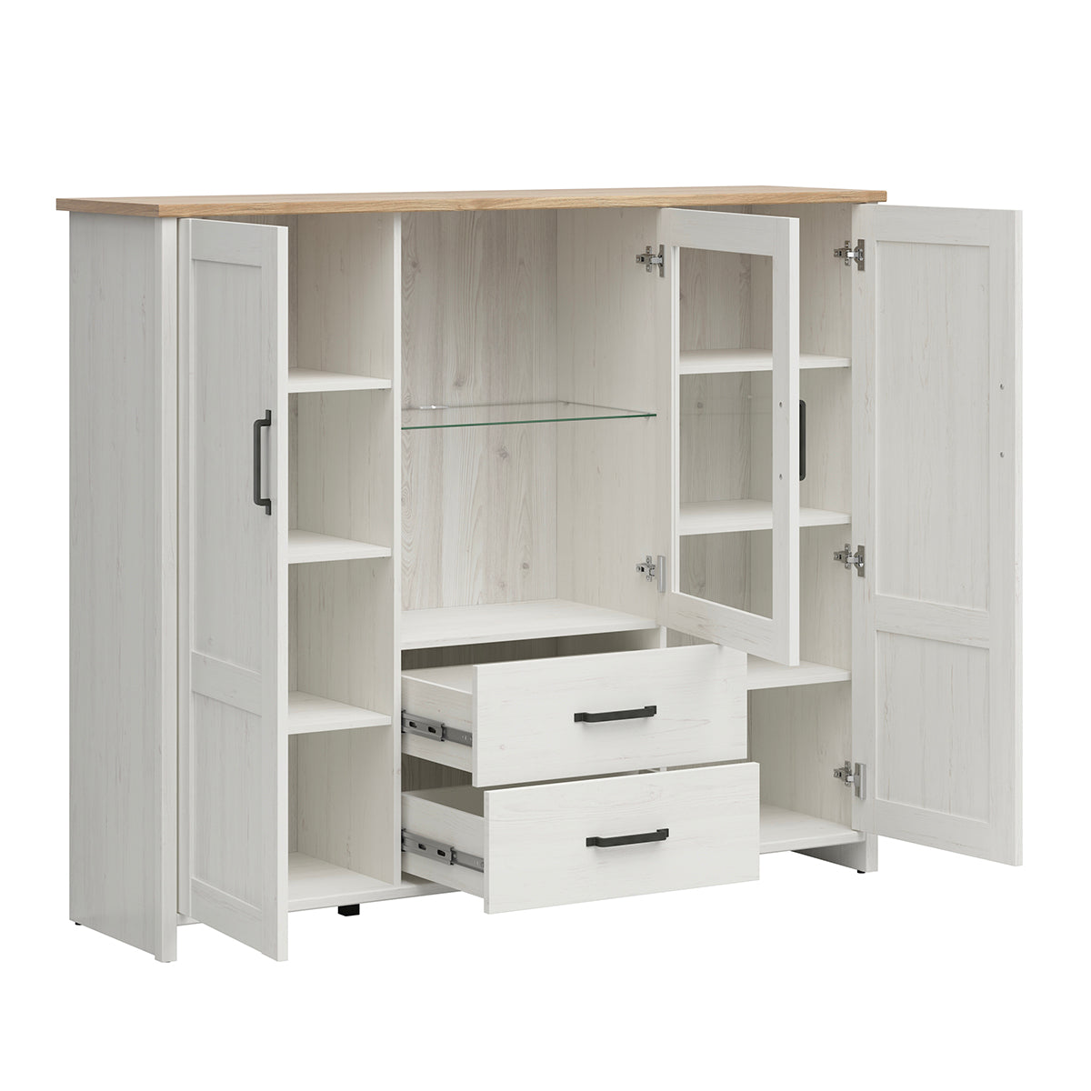 Vaisselier bas 3 portes 2 tiroirs Aksel Blanc et Bois - vue 3