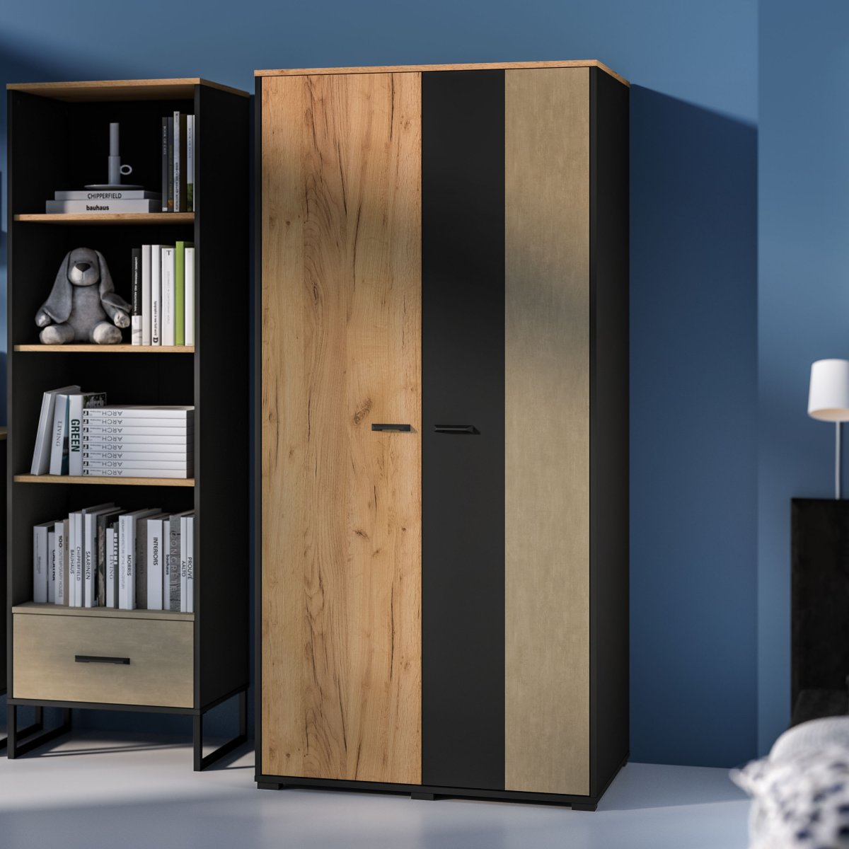 Armoire 2 portes Zoran Noir et Bois - vue 2