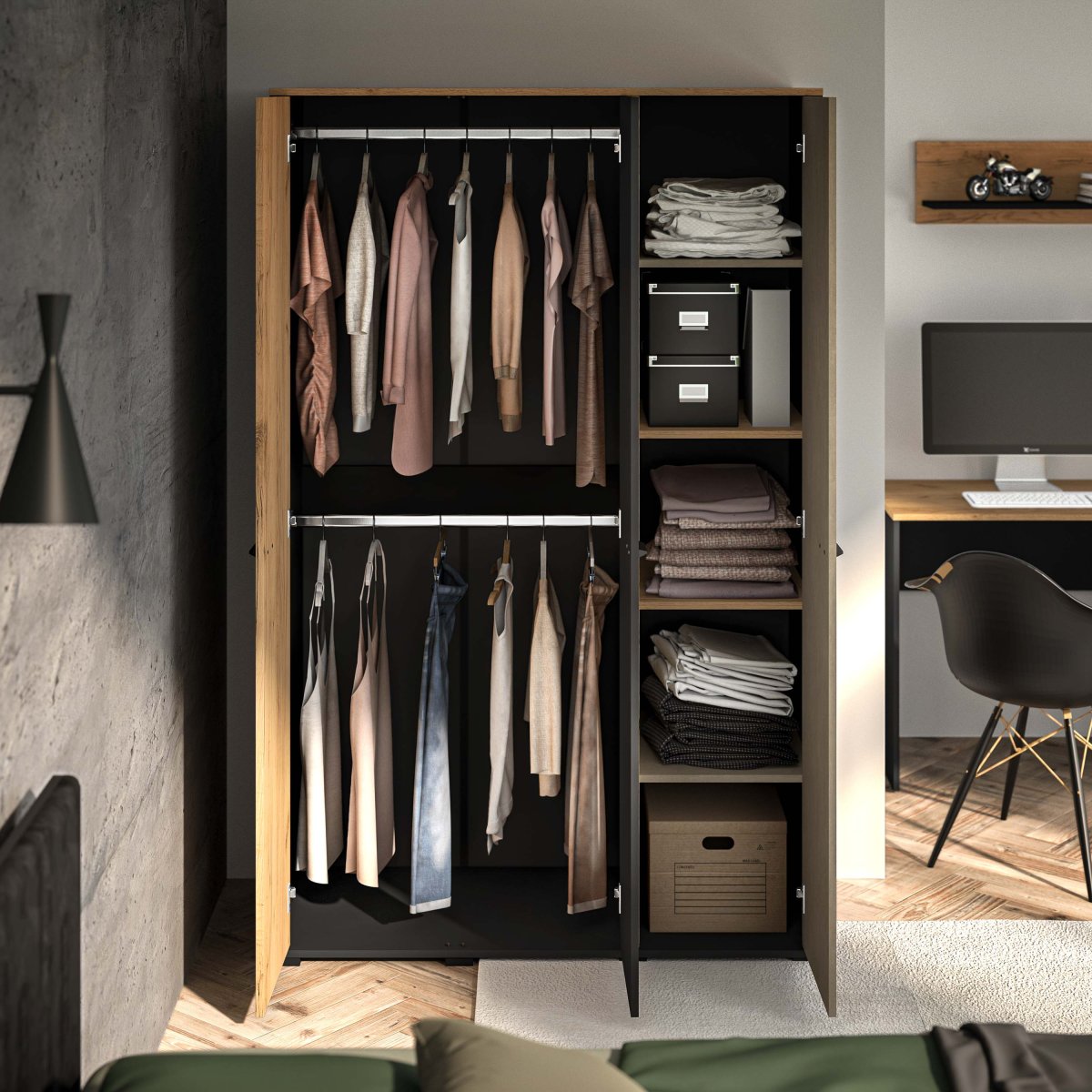 Armoire 3 portes Zoran Noir et Bois - vue 4