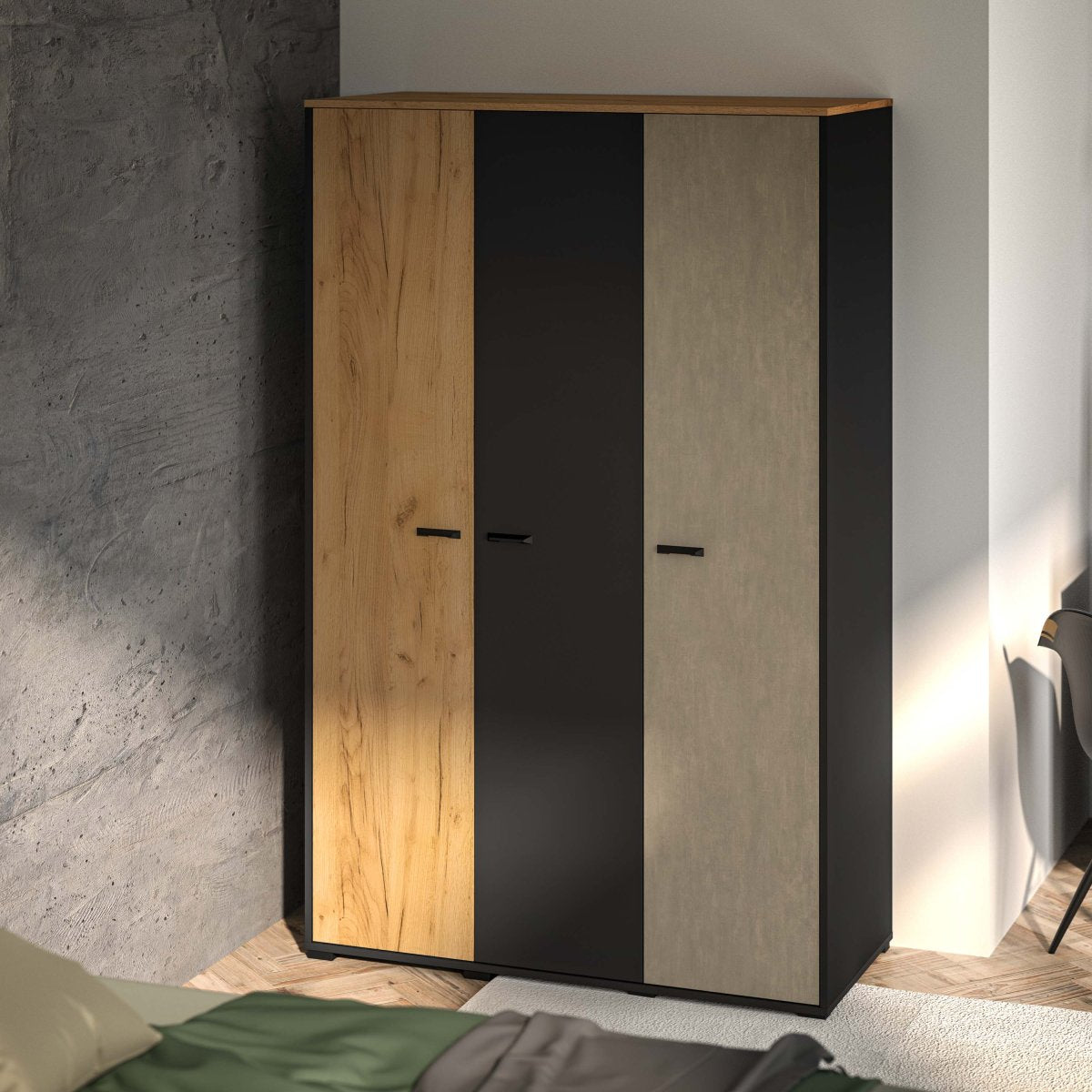 Armoire 3 portes Zoran Noir et Bois - vue 2