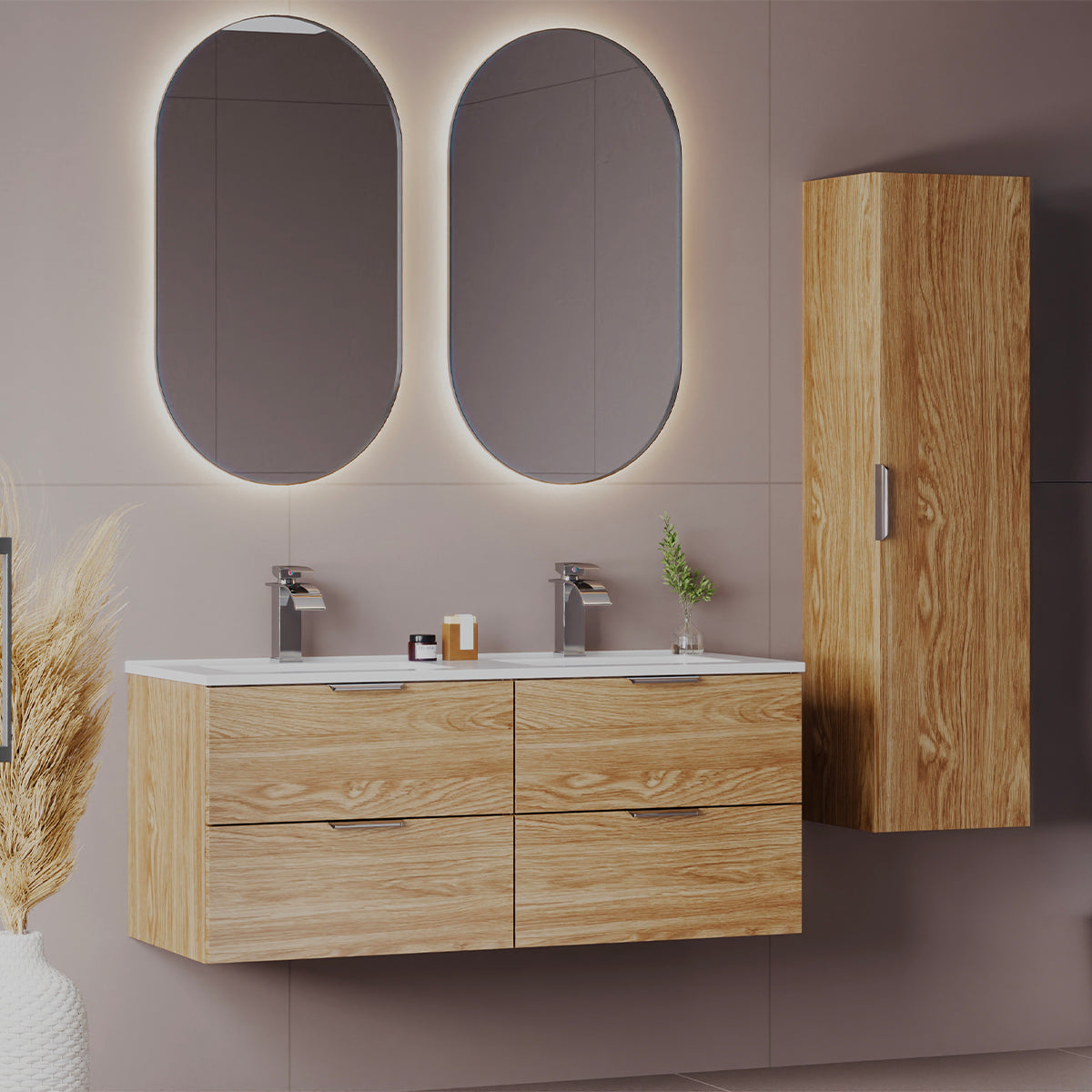 Ensemble meuble double vasque encastrée 120cm et colonne Astrid Bois