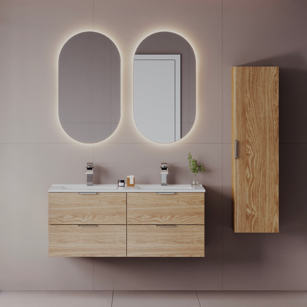 Ensemble meuble double vasque encastrée 120cm et colonne Astrid Bois - vue 3