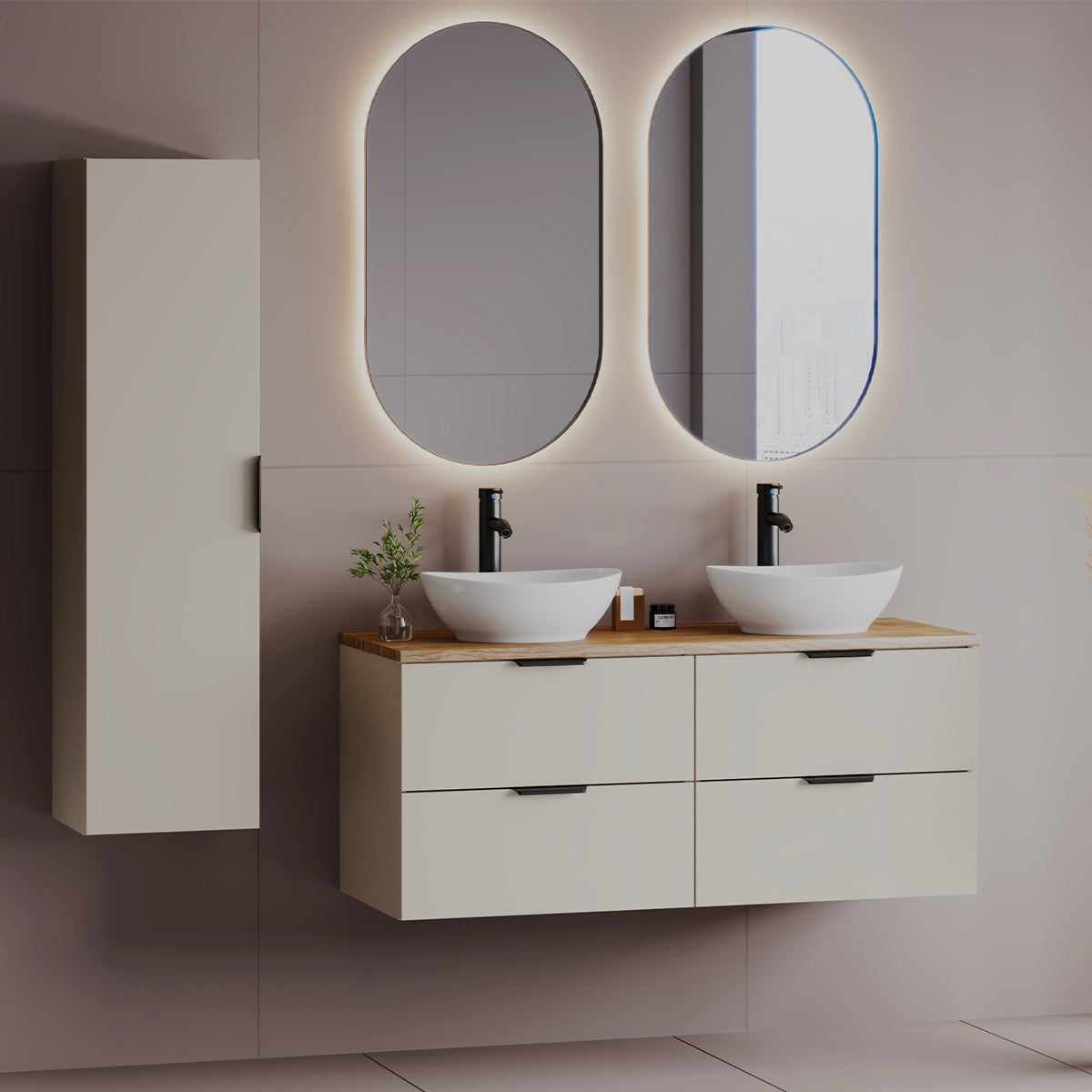 Ensemble meuble double vasque 120cm et colonne Astrid Cachemire et bois