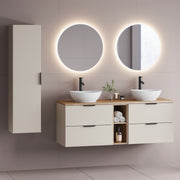Ensemble meuble double vasque 140cm 2 niches et colonne Astrid Cachemire et bois