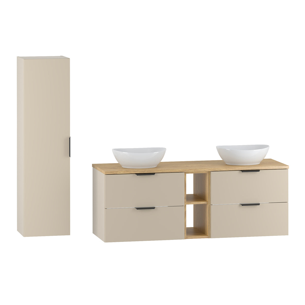 Ensemble meuble double vasque 140cm 2 niches et colonne Astrid Cachemire et bois - vue 2