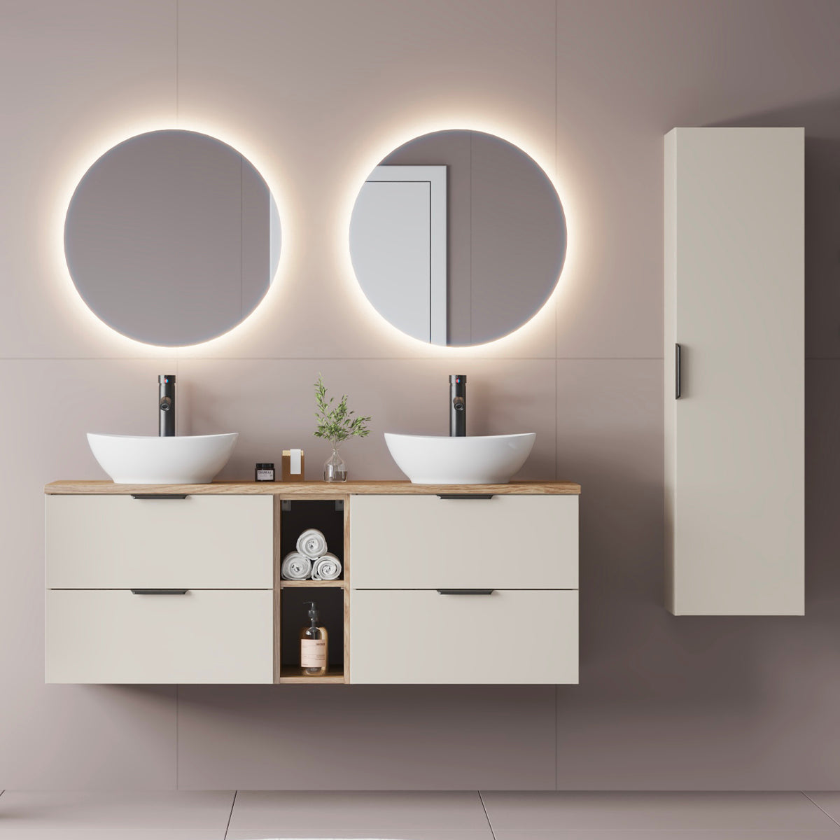 Meuble sous-vasque 140cm 2 niches plan de toilette Astrid Cachemire et bois - vue 5