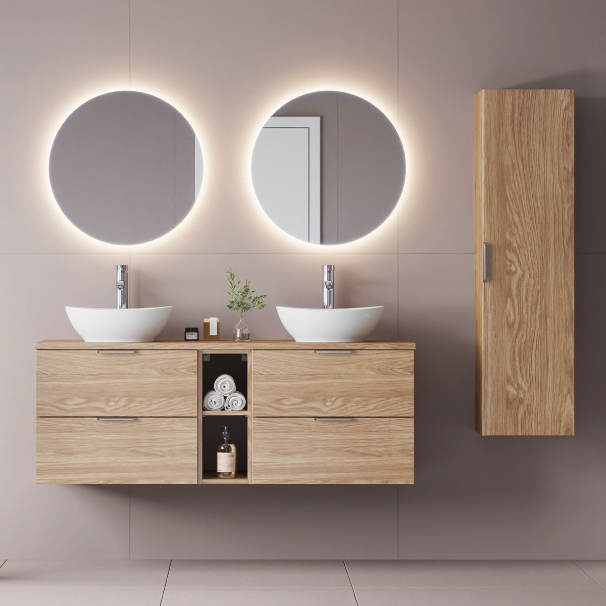 Ensemble meuble double vasque 140cm 2 niches et colonne Astrid Bois - vue 3
