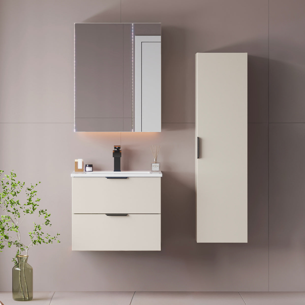 Ensemble meuble simple vasque encastrée 60cm et colonne Astrid Cachemire - vue 3