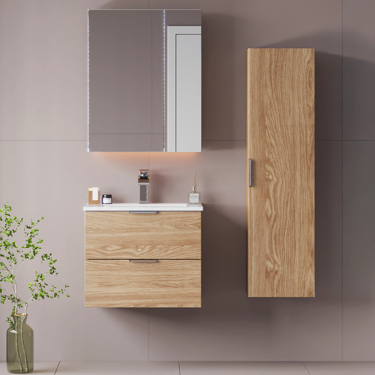 Ensemble meuble simple vasque encastrée 60cm et colonne Astrid Bois - vue 3