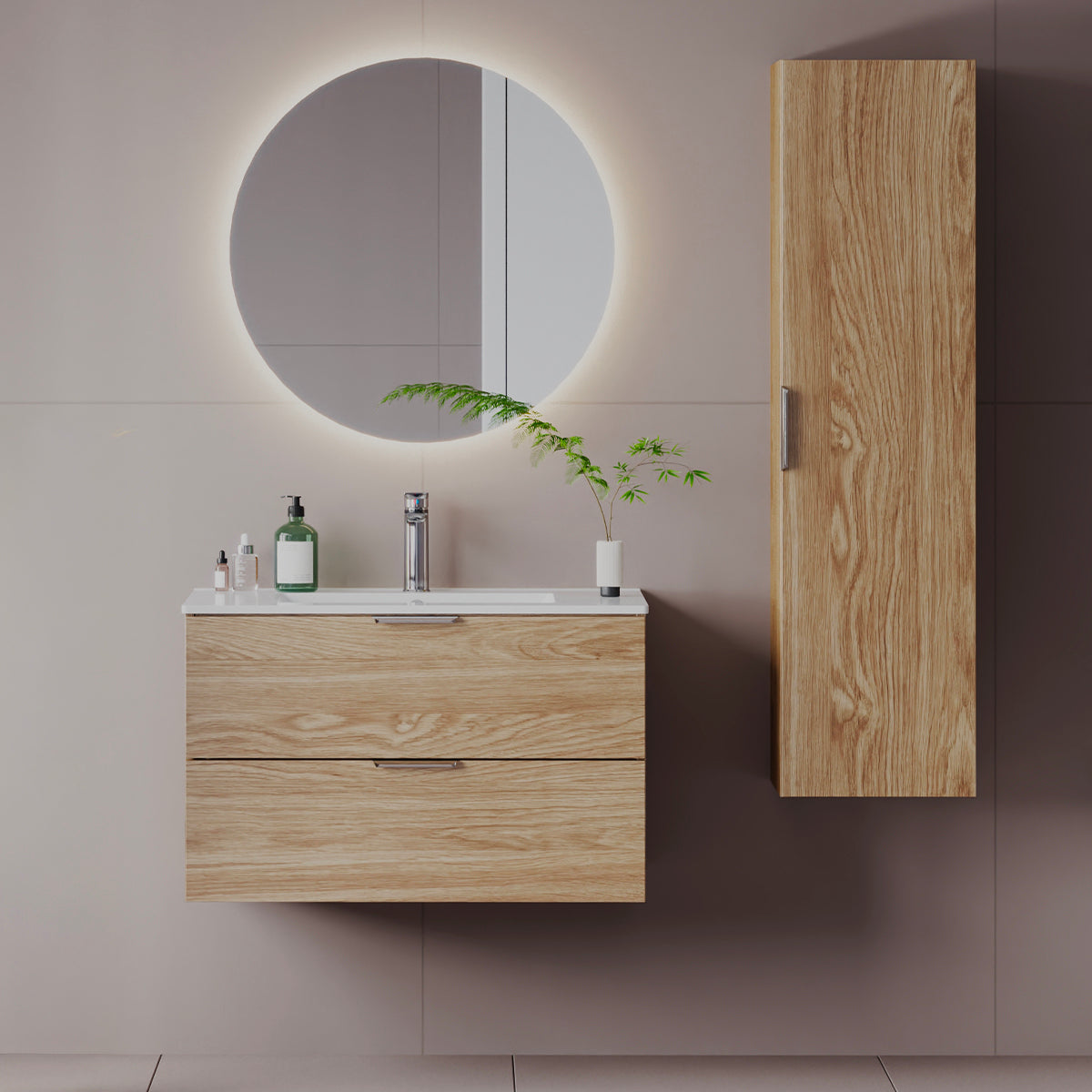 Ensemble meuble simple vasque encastrée 80cm et colonne Astrid Bois - vue 3