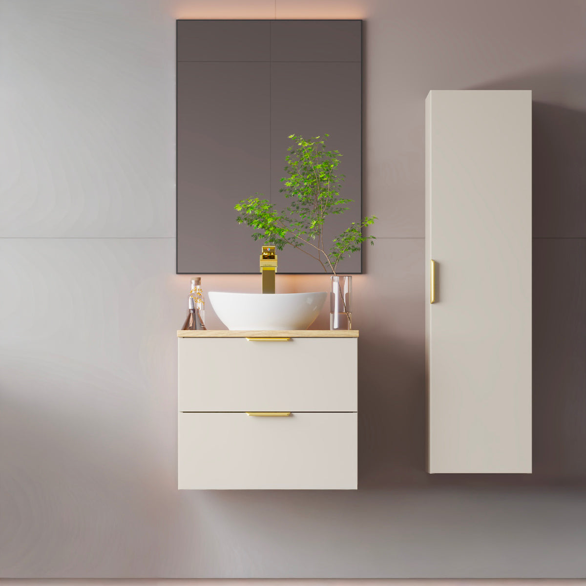 Ensemble meuble simple vasque 60cm et colonne Astrid Cachemire et bois - vue 3