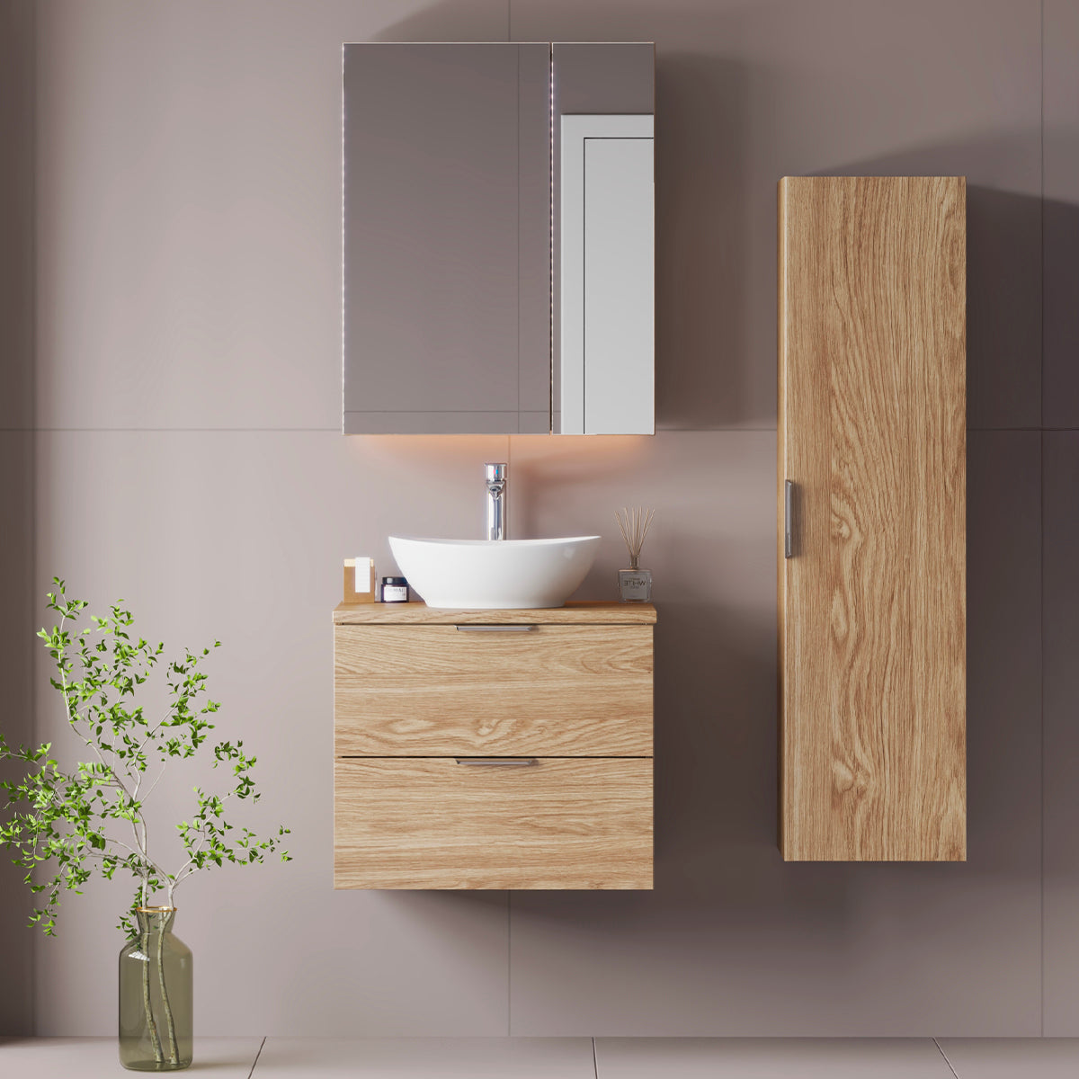Ensemble meuble simple vasque 60cm et colonne Astrid Bois - vue 3