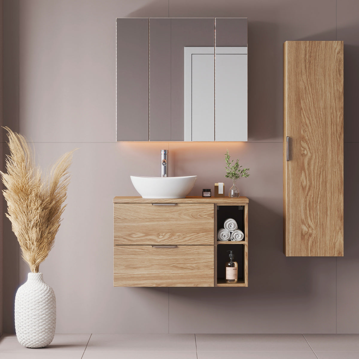 Ensemble meuble simple vasque 80cm 2 niches et colonne Astrid Bois - vue 3