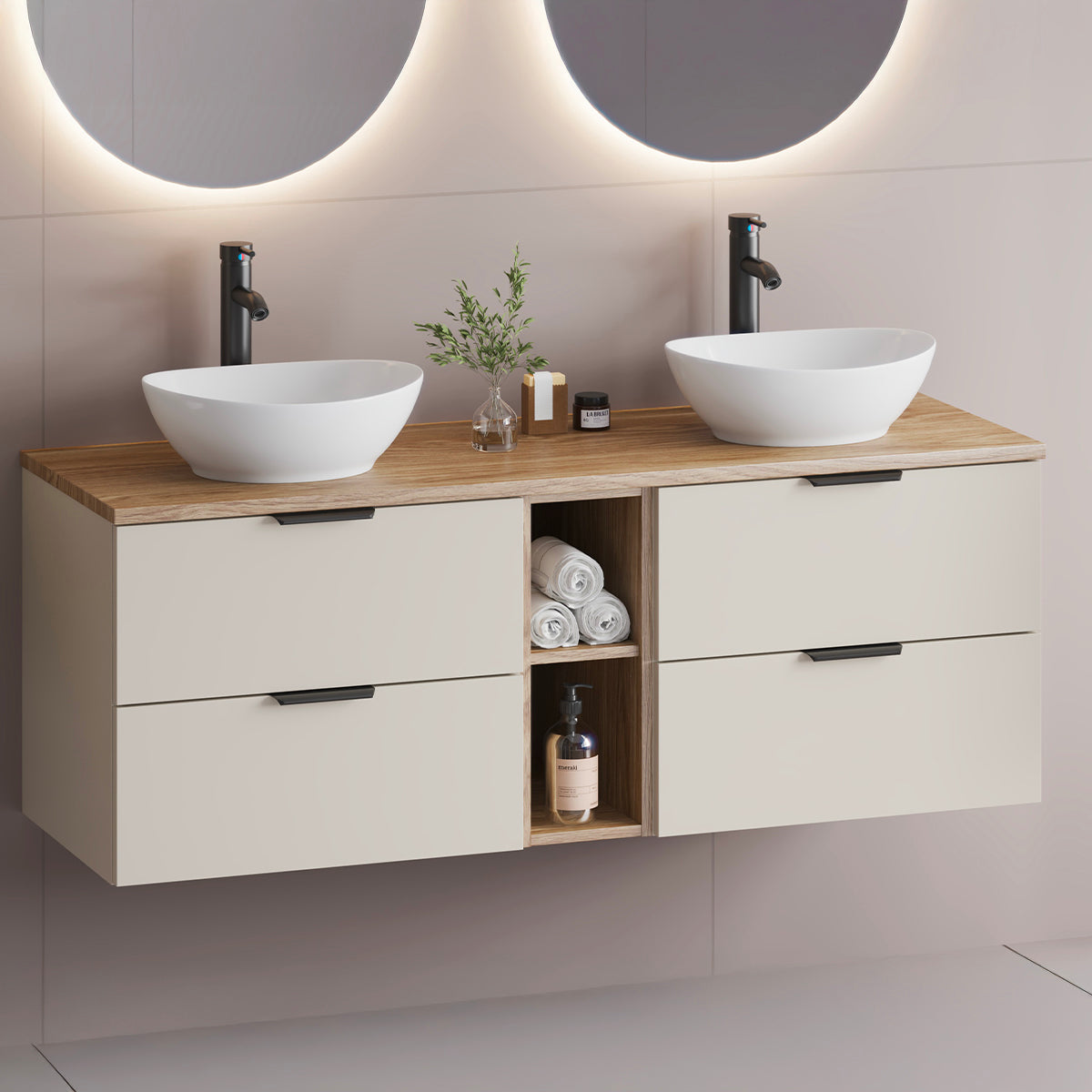 Meuble sous-vasque 140cm 2 niches plan de toilette Astrid Cachemire et bois - vue 6
