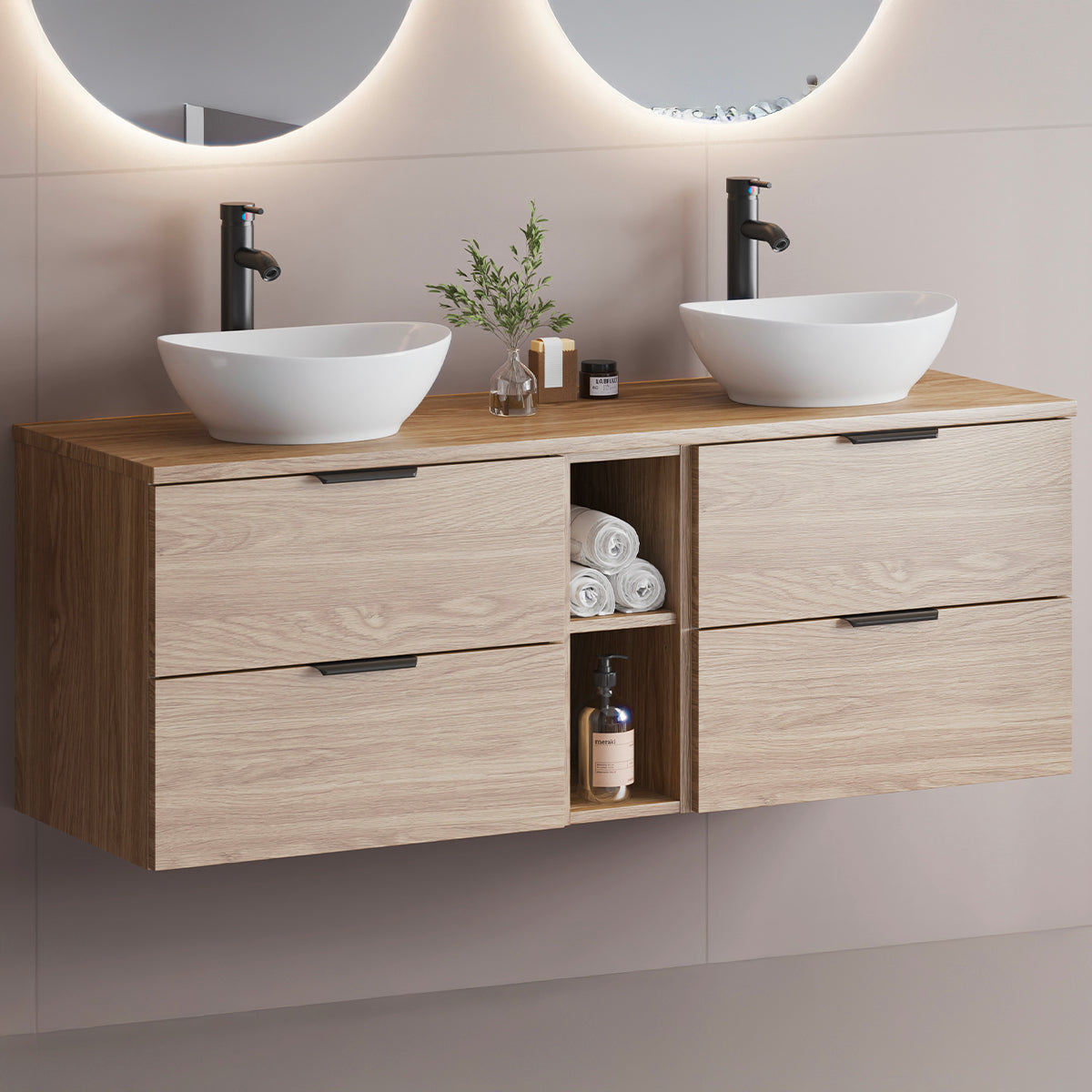 Meuble double vasque 140cm 2 niches Astrid Bois - vue 3