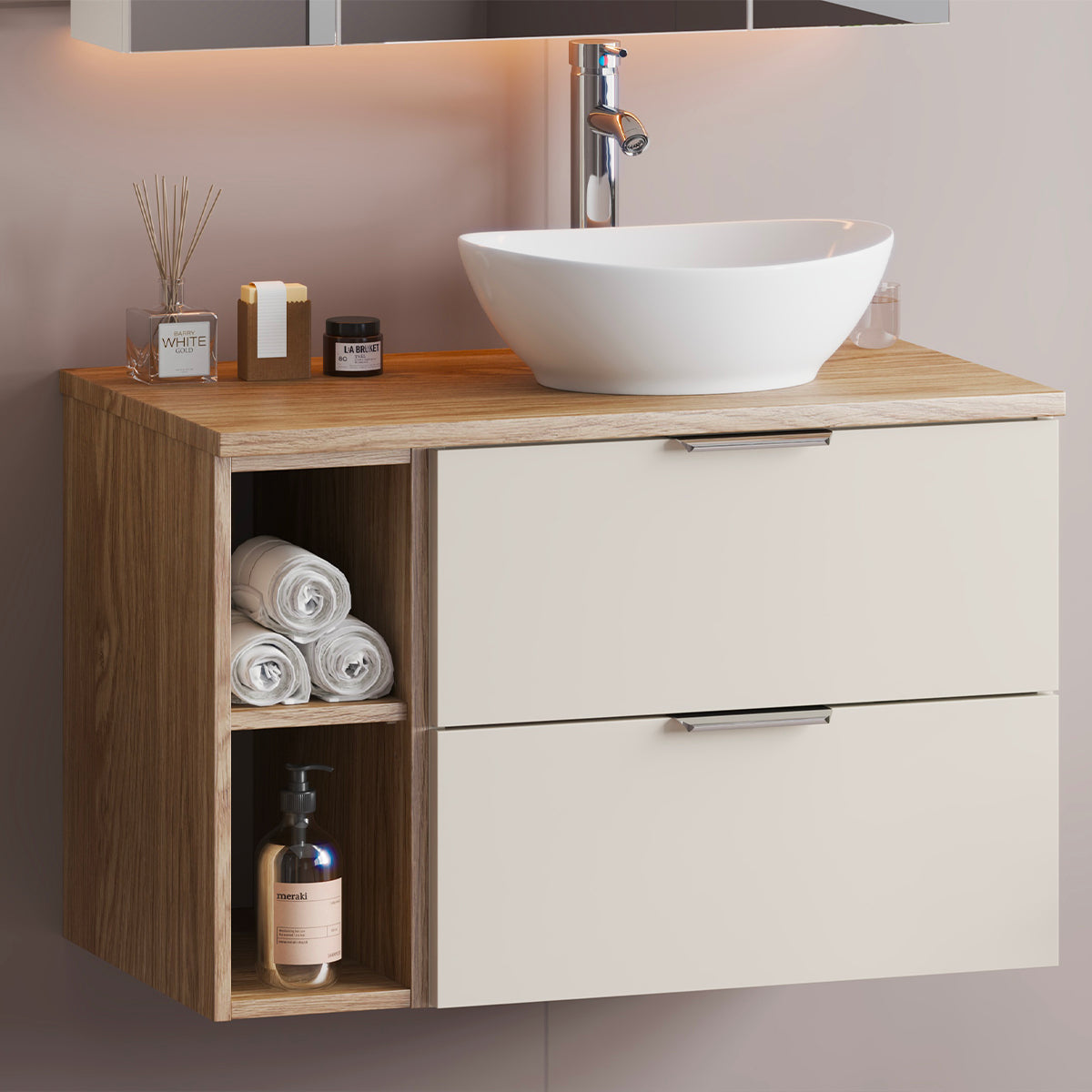 Meuble sous-vasque 80cm 2 niches plan de toilette Astrid Cachemire et bois - vue 3