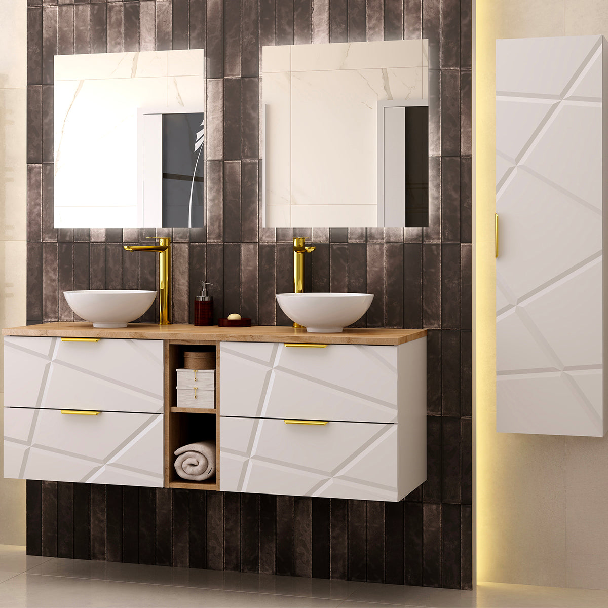 Meuble double vasque 140cm 2 niches Aurora Blanc et Bois - vue 5