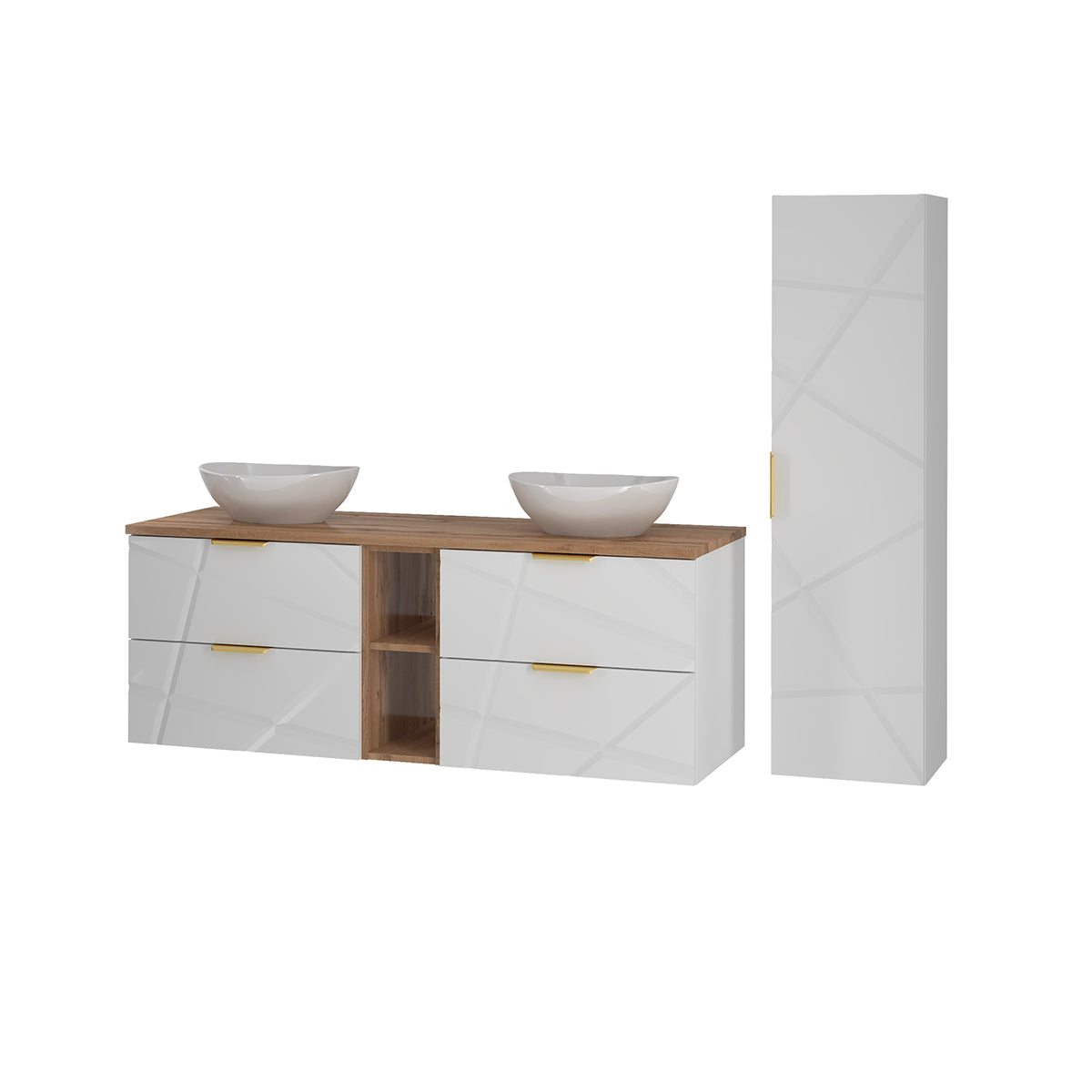 Ensemble meuble double vasque 140cm 2 niches et colonne Aurora Blanc et Bois - vue 2