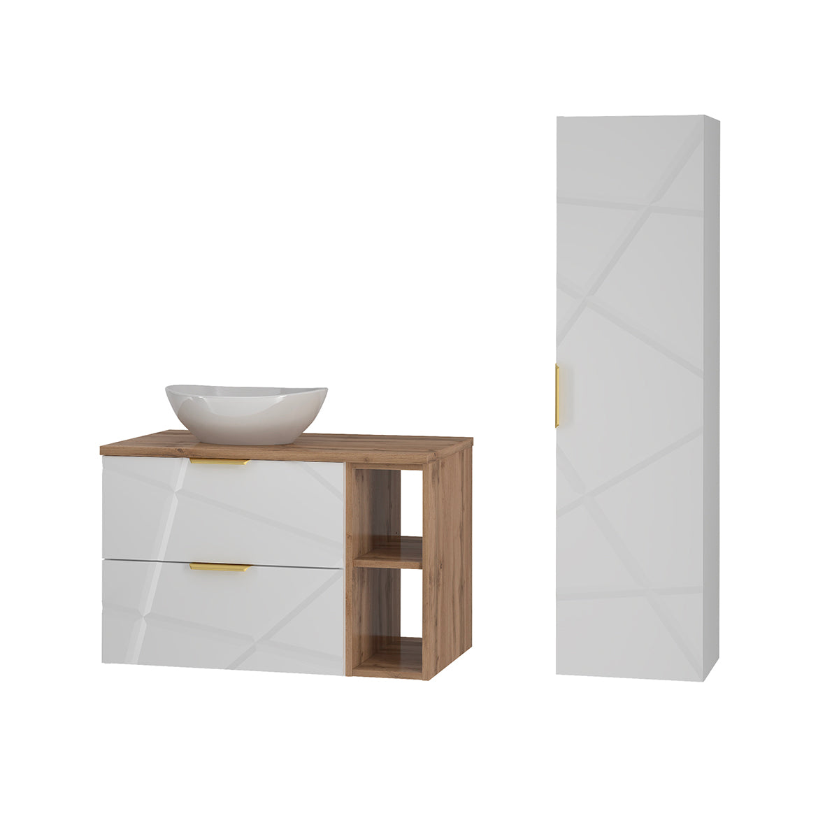 Ensemble meuble simple vasque 80cm 2 niches et colonne Aurora Blanc et Bois - vue 2