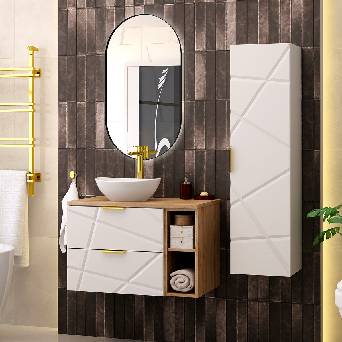 Ensemble meuble simple vasque 80cm 2 niches et colonne Aurora Blanc et Bois