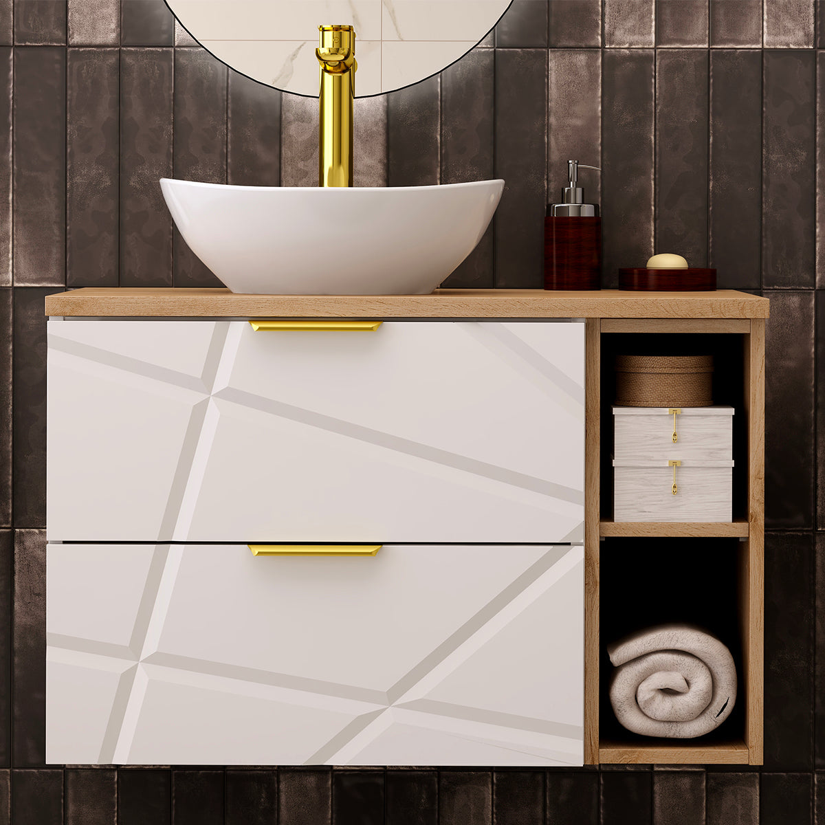 Meuble simple vasque 80cm 2 niches Aurora Blanc et Bois - vue 5