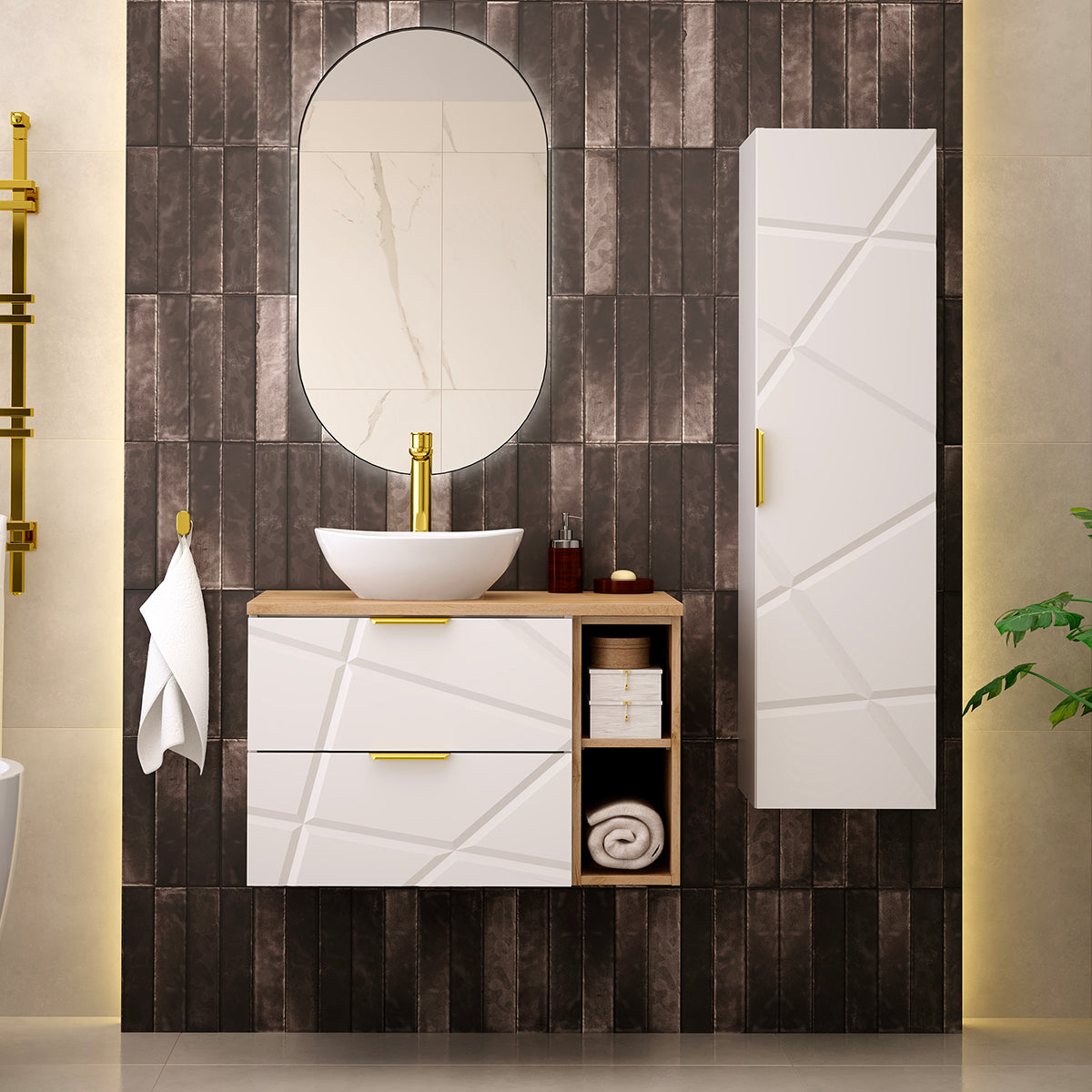 Meuble simple vasque 80cm 2 niches Aurora Blanc et Bois - vue 6