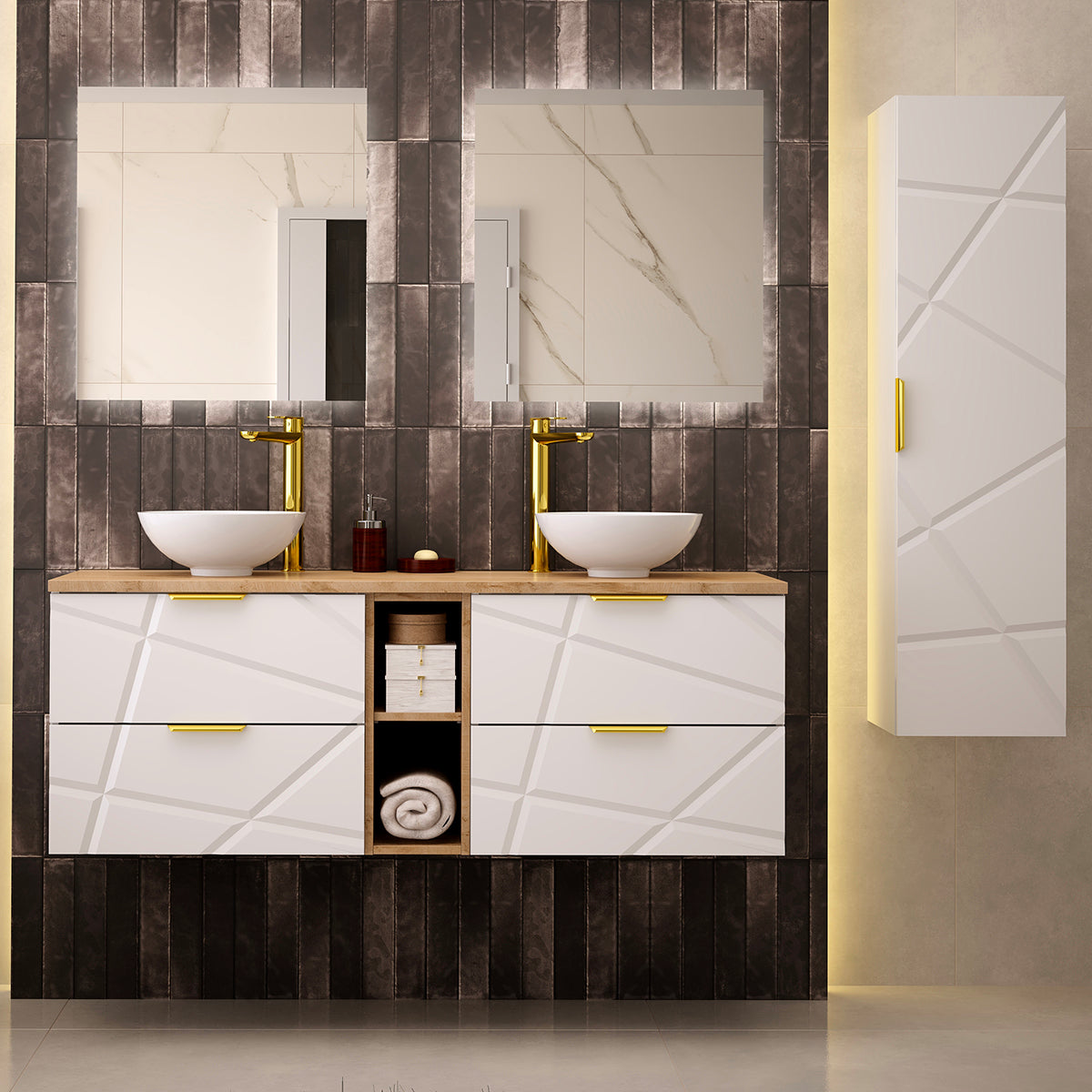 Ensemble meuble double vasque 140cm 2 niches et colonne Aurora Blanc et Bois