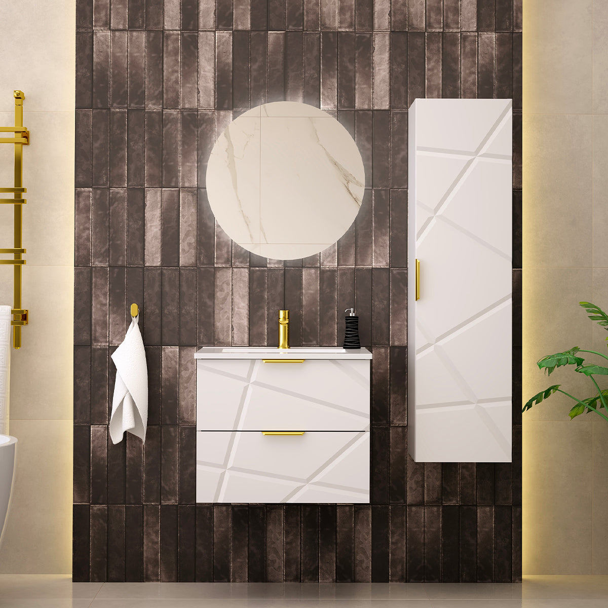 Ensemble meuble simple vasque encastrée 60cm et colonne Aurora Blanc