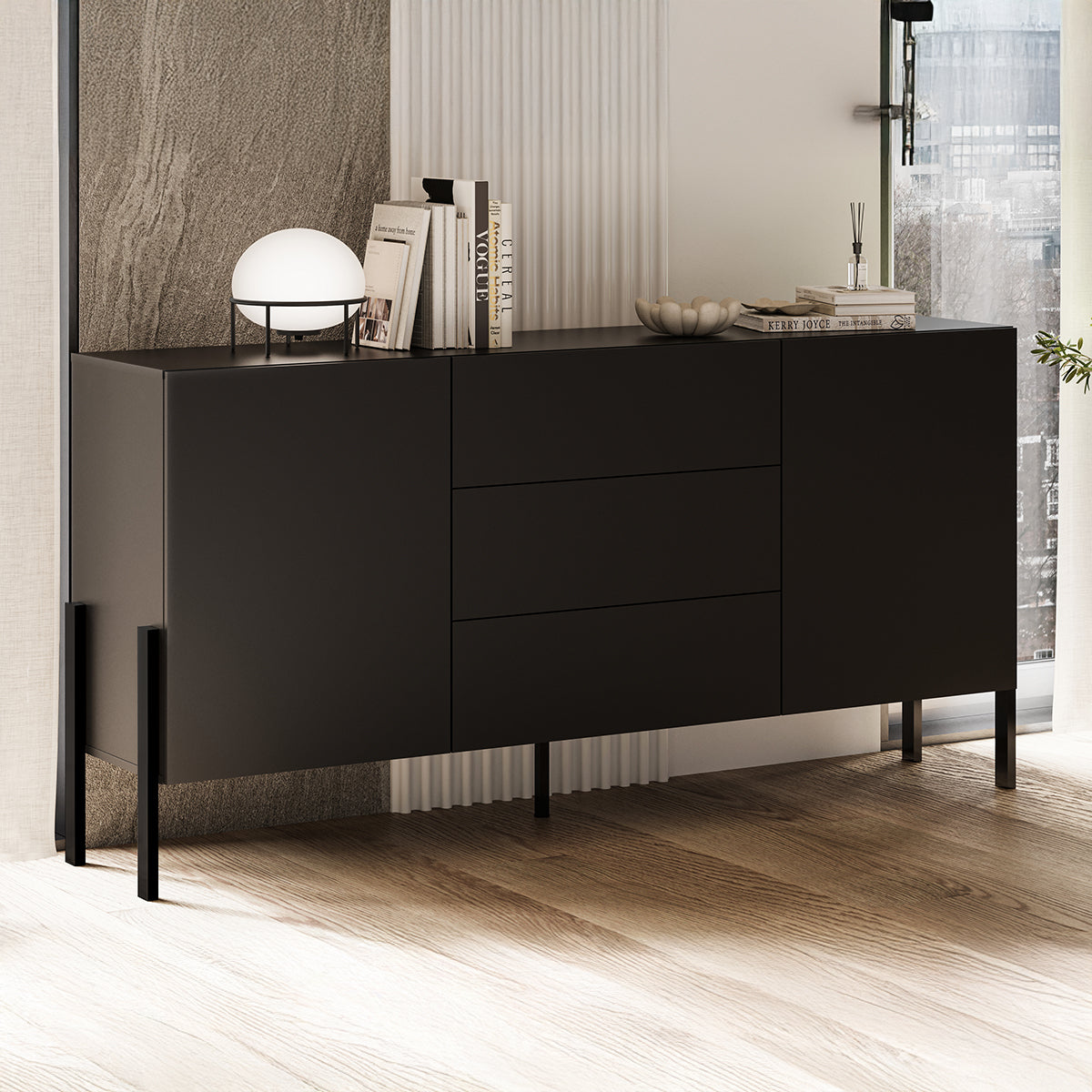 Buffet long 2 portes 3 tiroirs Bérénice Noir - vue 2