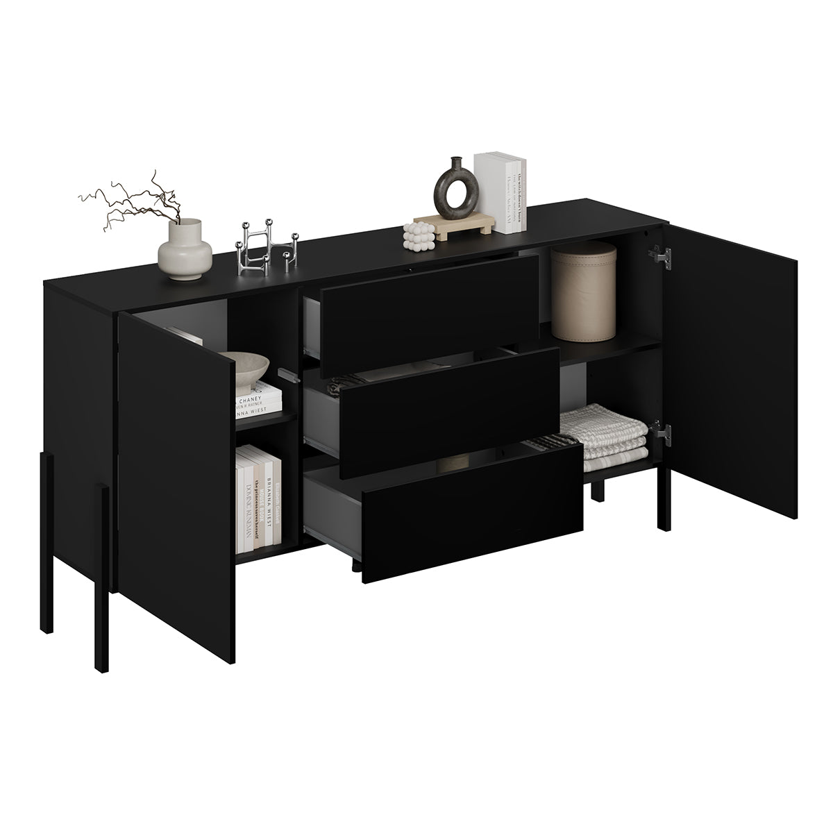 Buffet long 2 portes 3 tiroirs Bérénice Noir - vue 6
