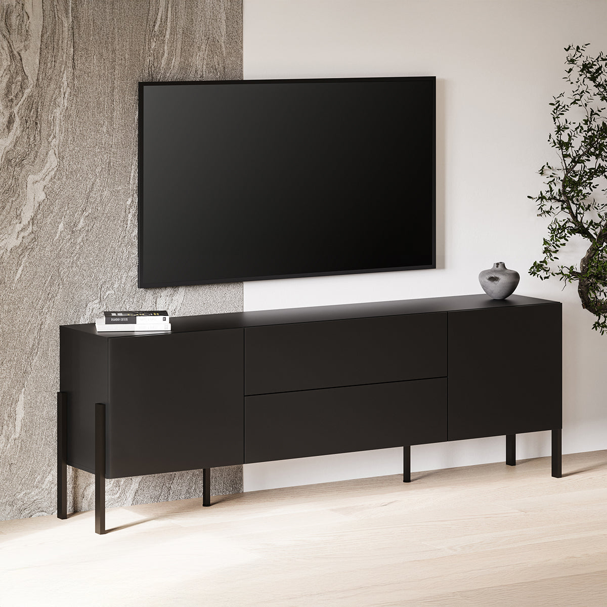 Meuble TV 2 portes 2 tiroirs 200 cm Bérénice Noir - vue 2