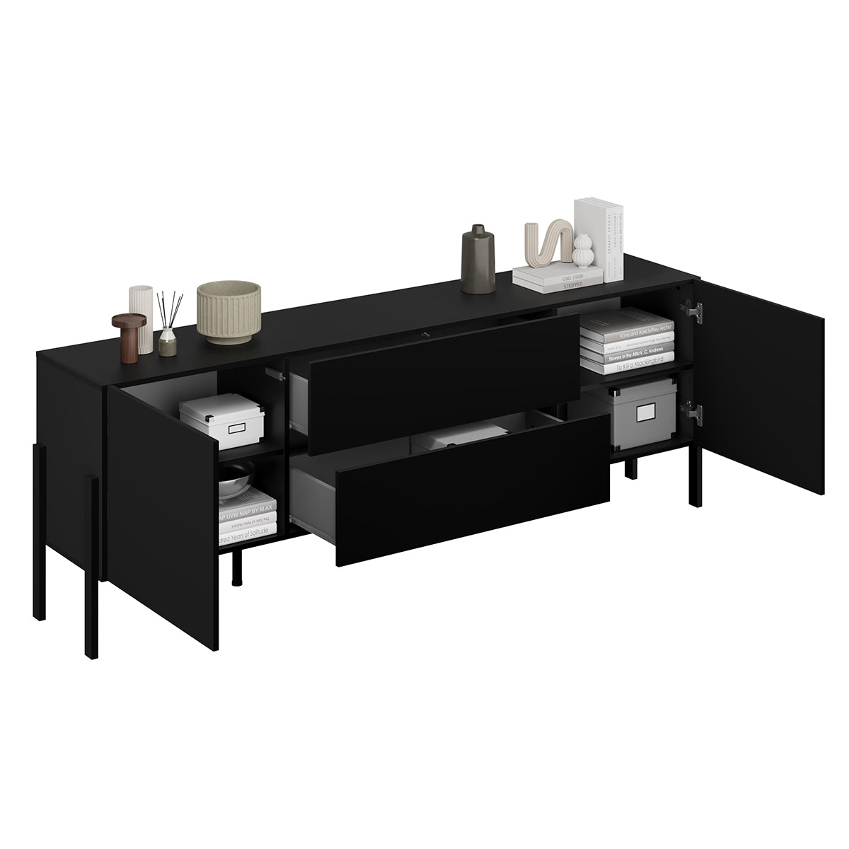 Meuble TV 2 portes 2 tiroirs 200 cm Bérénice Noir - vue 6