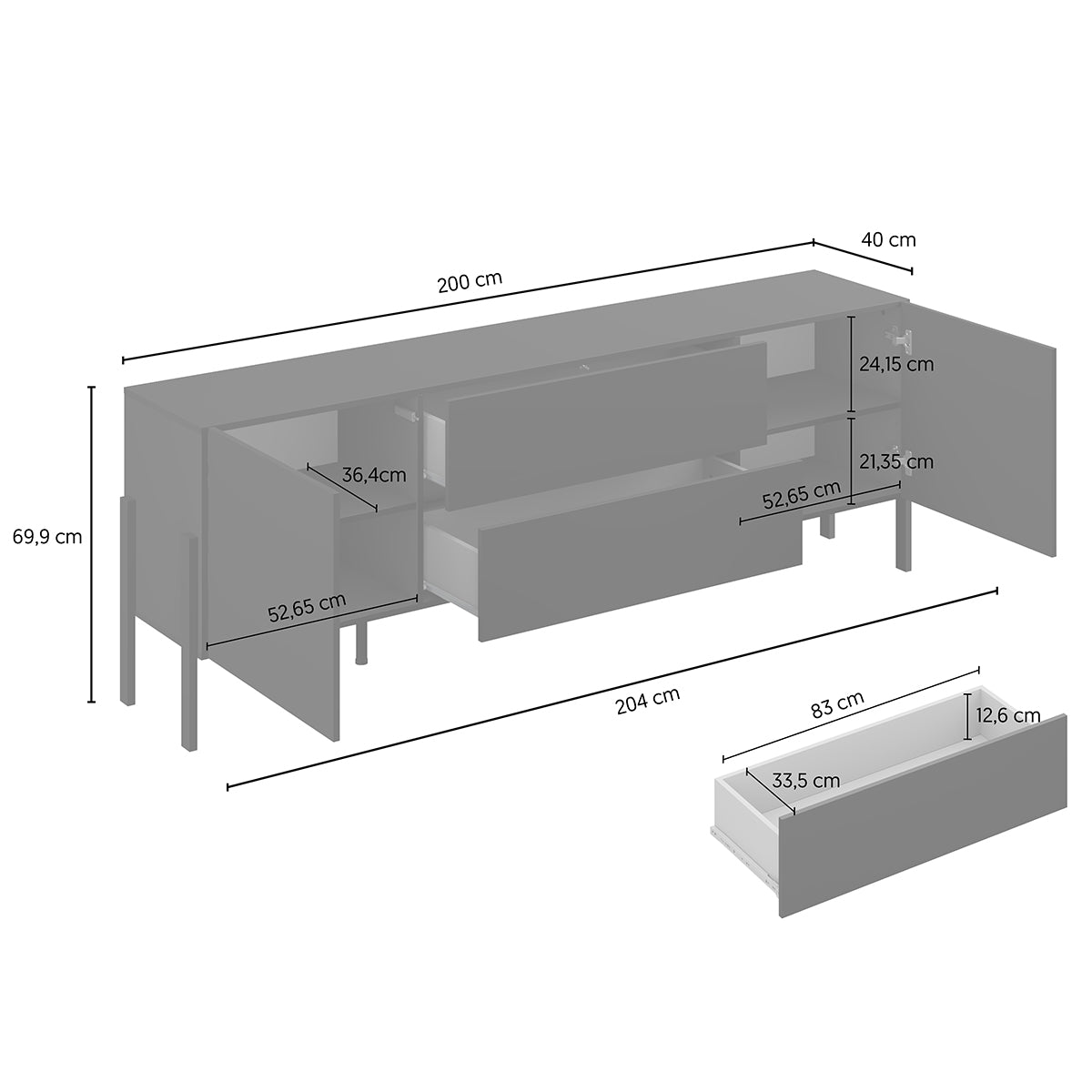 Meuble TV 2 portes 2 tiroirs 200 cm Bérénice Noir - vue 9