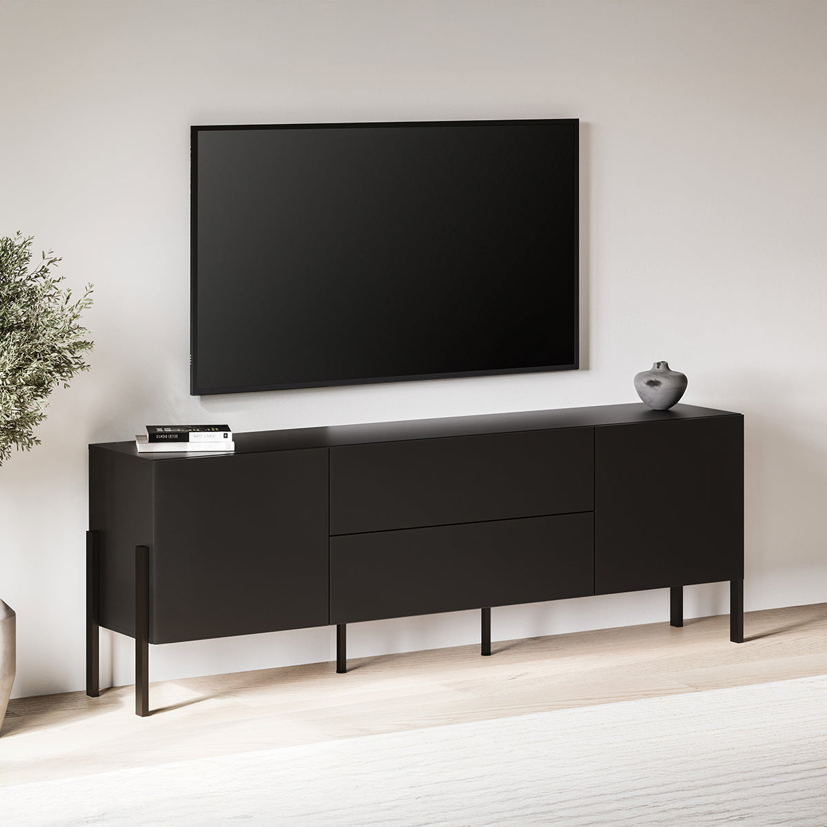 Meuble TV 2 portes 2 tiroirs 200 cm Bérénice Noir - vue 3